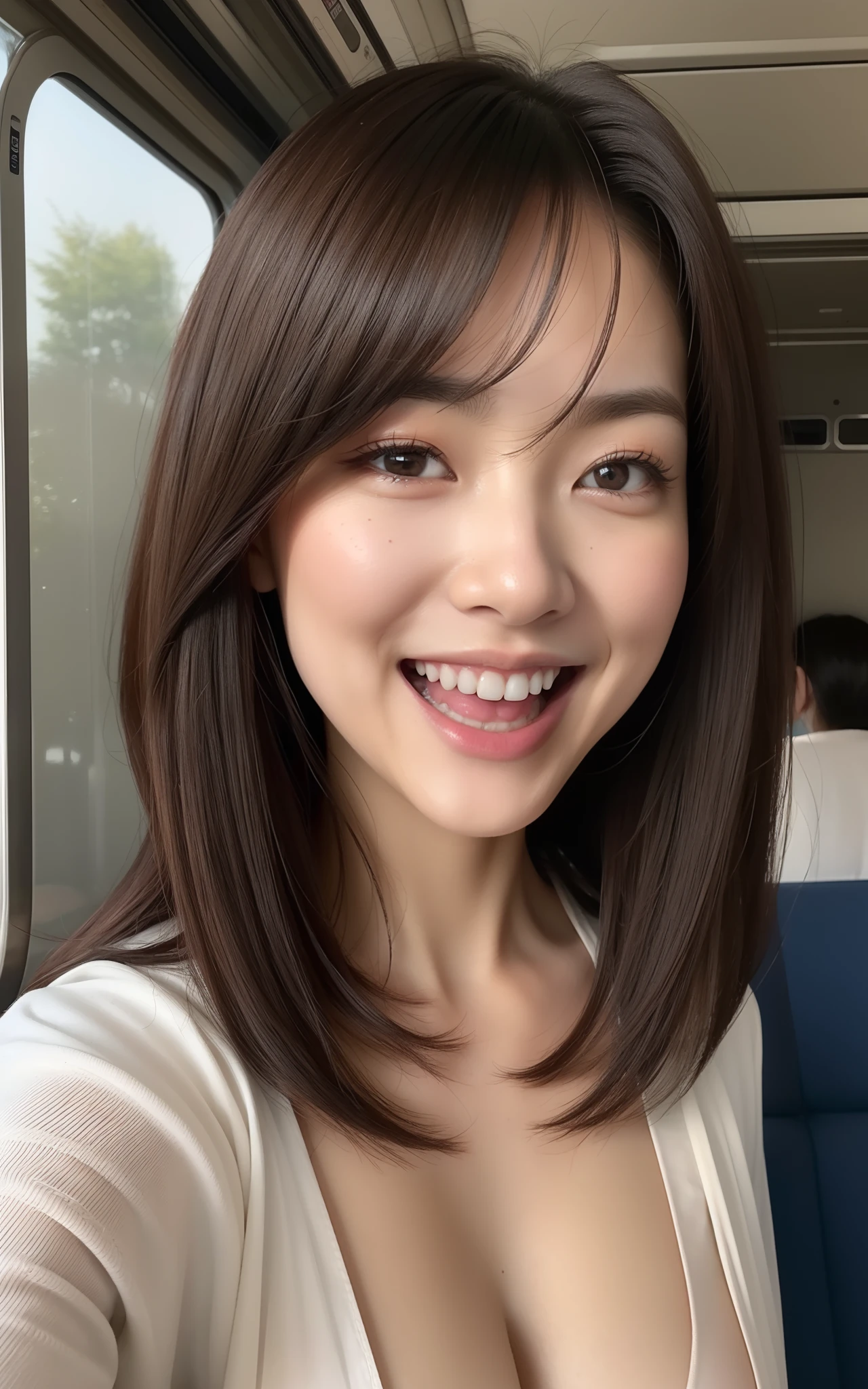 (((top-quality、8K、masterpiece:1.3、超A high resolution)))、(Clear focus:1.4、The focus is on people:1.2)、girl with、1 persons、20yr old、cute little、light skinned、full body、looking in camera、detailed hairs、dark brown hair、Curled up、(Detailed fabrics、Cool T-Shirts:1.2)、Super fine face、Detailed skin、A detailed eye、Narrow-eyed、Moist eyes、Clear eyes、二重まぶた、Reddish cheeks、Burning cheeks、Wearing makeup、Sweating、Lustrous skin、glowy skin、Shine skin、Shaded skin、Detailed lips、Apply lipstick、ruddy lips、Wrinkled lips、(Laughing:1.3)、(Large breasts:1.2)、BREAK、(细致背景、On the train:1.4)、Evening glow、Natural lighting、dynamic ungle、wakame、wakame、wakame、wakame、wakame、wakame、wakame、wakame、wakame、wakame、wakame、wakame、wakame、wakame、wakame、wakame、wakame、wakame、wakame、wakame、wakame、wakame、wakame、wakame、wakame