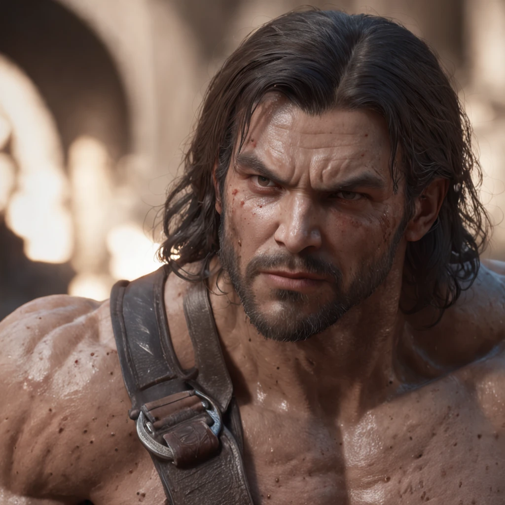 (professional 3d render:1.3) af (Realistic:1.3) most beautiful artwork photo in the world，Features soft and shiny male heroes, ((SUPERMAN fantasy muscle man rough wet hero angry look long hair short beard and ferocious expression in dynamic pose, Fantastic location, Majestic cluttered environment)), full body 8k unity render, action  shot, skin pore, very dark lighting, heavyshading, Detailed, Detailed face, (vibrant, photograph realistic, Realistic, Dramatic, Dark, Sharp focus, 8K), (Old leather garments damaged by weathering:1.4), ((((Wear fur)))), (Intricate:1.4), decadent, (Highly detailed:1.4), Digital painting, rendering by octane, art  stations, concept-art, smooth, Sharp focus, illustration, Art germ, (loish:0.23), wlop ilya kuvshinov, and greg rutkowski and alphonse mucha gracias, (Global illumination, Studio light, volumettic light), heavy rain, particles floating, lotr, fantasy, elf, full bodyesbian, ((Dark and ancient city background:1.3)),CGSesociety,art  stations