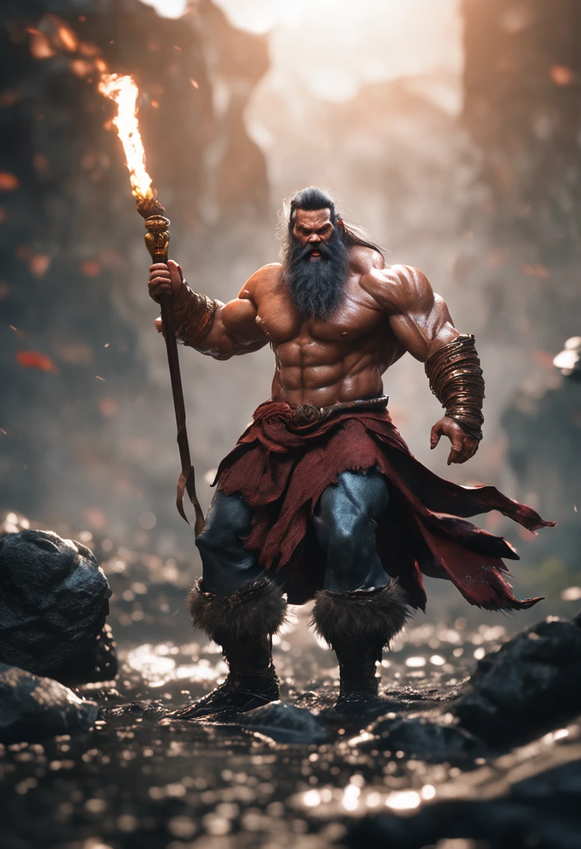 (professional 3d render:1.3) af (Realistic:1.3) The most beautiful artistic photo in the world, Soft function, Bright man, ((Chinese mythology Shennong rough muscular man wet hero angry looks long hair, short beard and fierce expression in dynamic pose, Fantastic location, Majestic and messy environment)), Full body 8K unit rendering, action  shot, skin pore, very dark lighting, heavy shading, Detailed, Detailed face, (vibrant, Realistic photography, Realistic, Dramatic, Dark, Sharp focus, 8K), (Old fur coats damaged due to bad weather:1.4), ((((Use fur)))), (Intricate:1.4), decadent, (Highly detailed:1.4), Digital painting, rendering by octane, art  stations, concept-art, smooth, Sharp focus, illustration, Art germ, (loish:0.23), wlop ilya kuvshinov, And Greg Rutkovsky and Alphonse Mucha thank you, (Global illumination, Studio light, Light volume), heavy rain, Floating particles,