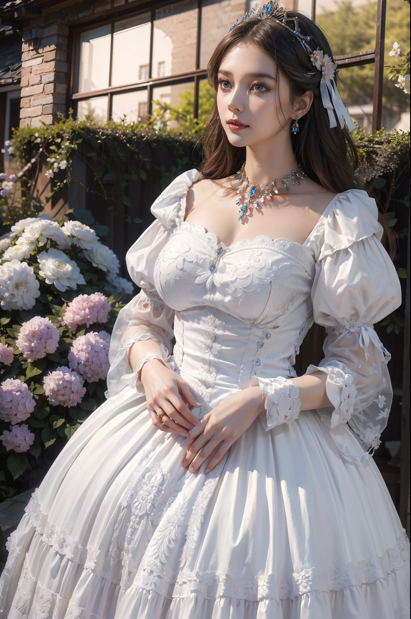 Full body、((top-quality、​masterpiece、photographrealistic:1.4、8K))、1 beautiful detailed girl、、extremely detailed eye and face、beatiful detailed eyes、（Cute dress with puff sleeves in medieval European style、Pink and white dress、Princess）、Luxury accessories、Elegant smile、（Princess walking through a wonderful and beautiful flower garden like a fantasy world）、Cinematic lighting、Textured skin、Super Detail、high detailing、High quality、hight resolution、（looking at the viewers）、Beautiful blue sky、​​clouds、Colorful flowers々、lots of flower