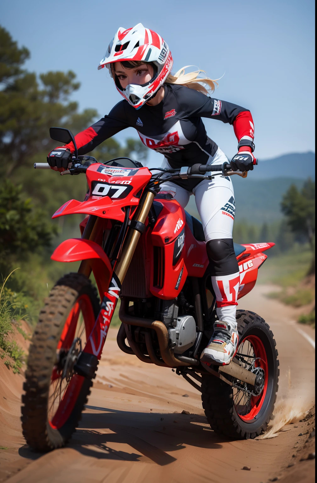 girl,Ride an off-road vehicle on rough trails, off-roading, Riding, action sports, Ride motocross,Red and white helmet,White arms,Firm abs