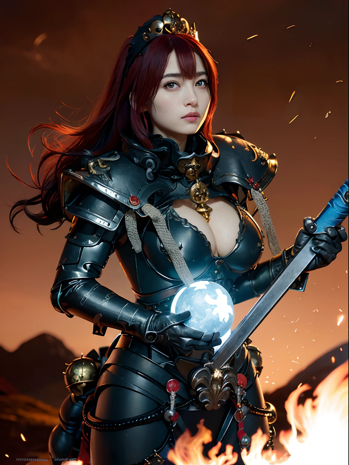 (masutepiece), Professional , masterpiece、top-quality、photos realistic , depth of fields 、(Dragon Black Metal Body:1.9),(Matte Blue Black、(cleavage of the breast)、Dragon Gold Weapon(Dragon Metal Body:1.4),Gorgeous gold weapons ,(( Dragon's dense and gorgeous sword)) , (demonic wings) ,warhammer 40k , adepta sororitas,Detail and gorgeous crown、((Red hair))、(Castle background)、((Gangle's forest background))、Beautiful Caucasian beauty、1a person、dynamic ungle,(((Detailed and ornate Black Dragon Crown)))、Smaller head、A smile、Castle background、Thin and beautiful female hands、cleavage of the breast、Soldier in iron armor on background、Mystical expression、Light Effects、intense fighting、Wind-effect、magic circles、With the legendary magic wand、Dragon's tail、