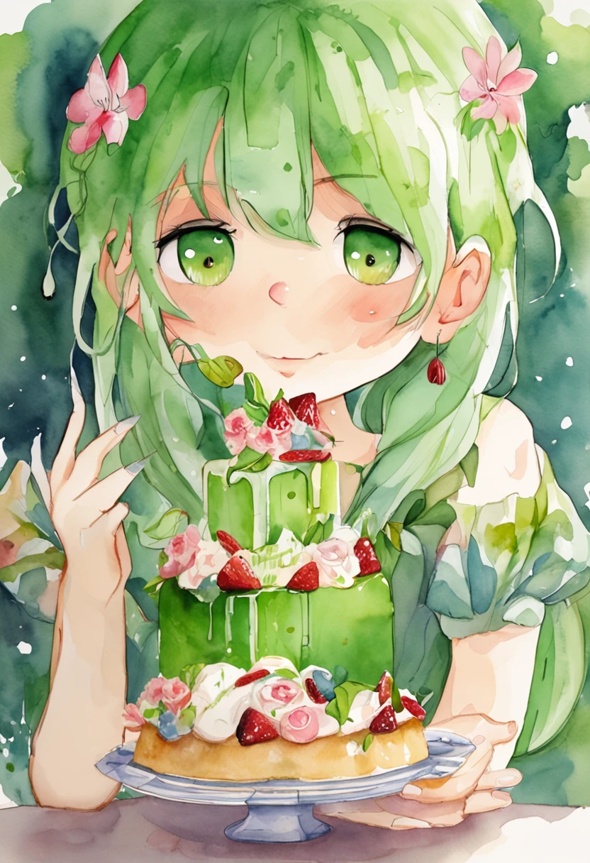Green-haired girl eating cake，quadratic element