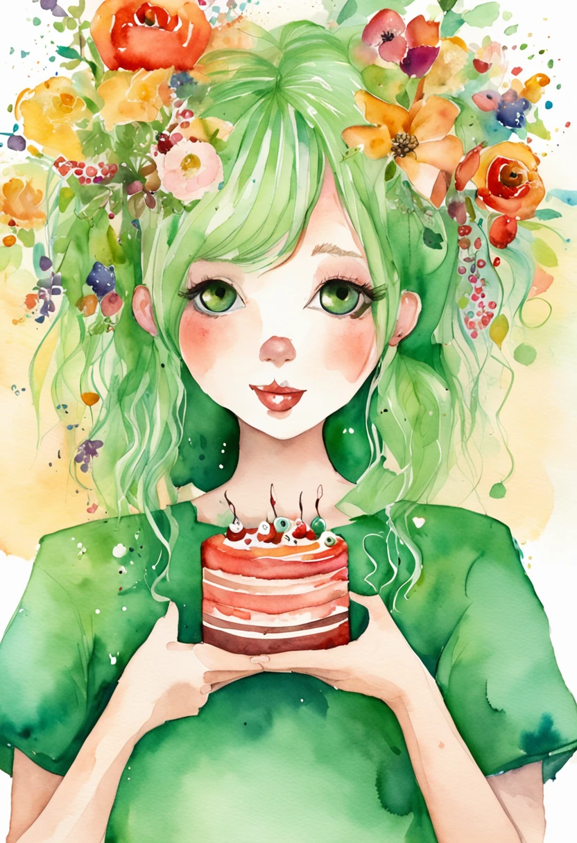 Green-haired girl eating cake,quadratic element