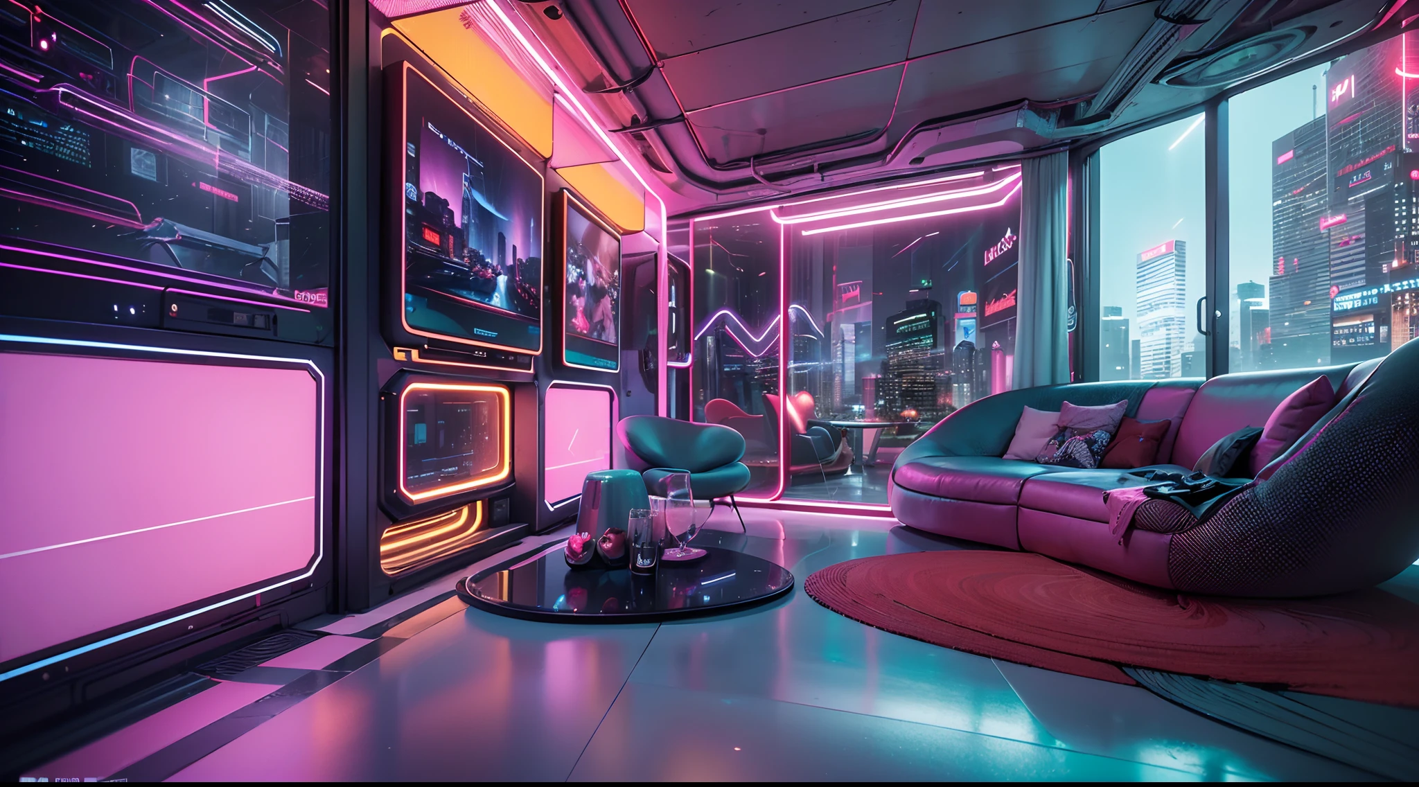 Best image quality, Masterpiece, Ultra-high resolution, (Fidelity:1.4), Photo,  Movie, ((cyber punk perssonage)), cyber outfit, Futuristic, ((Award-winning ultra-realistic photos))，（Hyper-detailing），（Complicated details），（High resolution CGI artwork 8k），Futuristic cyberpunk living room/Bedrooms/kitchens/terrazzo，Detailed cyberpunk cityscape。Futuristic style，There are many colors and LED lights。The cityscape should be very detailed，depth of fields。Create depth with atmospheric lighting，Wide-angle lens showing rooms and windows。Use atmospheric and volumetric lighting to enhance cityscape detail。The room should be illuminated by the neon lights of the cityscape, Pastel textured colored background, Colourful, vibrant