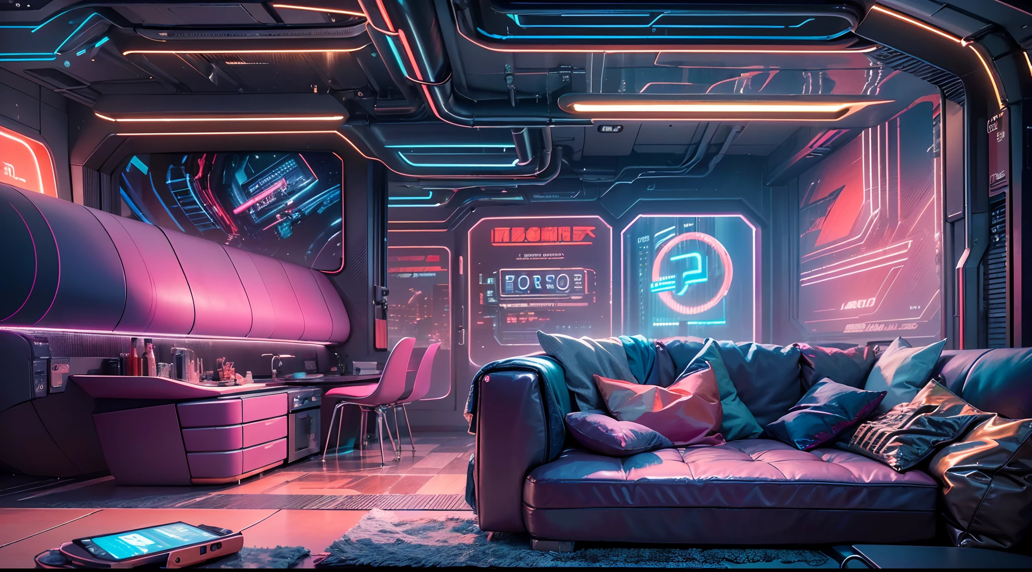 Best image quality, Masterpiece, Ultra-high resolution, (Fidelity:1.4), Photo, Movie, ((cyber punk perssonage)), cyber outfit, Futuristic, ((Award-winning ultra-realistic photos)),(Hyper-detailing),(Complicated details),(High resolution CGI artwork 8k),Futuristic cyberpunk living room/Bedrooms/kitchens/terrazzo,Detailed cyberpunk cityscape。Futuristic style,There are many colors and LED lights。The cityscape should be very detailed,depth of fields。Create depth with atmospheric lighting,Wide-angle lens showing rooms and windows。Use atmospheric and volumetric lighting to enhance cityscape detail。The room should be illuminated by the neon lights of the cityscape, Pastel textured colored background, Colourful, vibrant