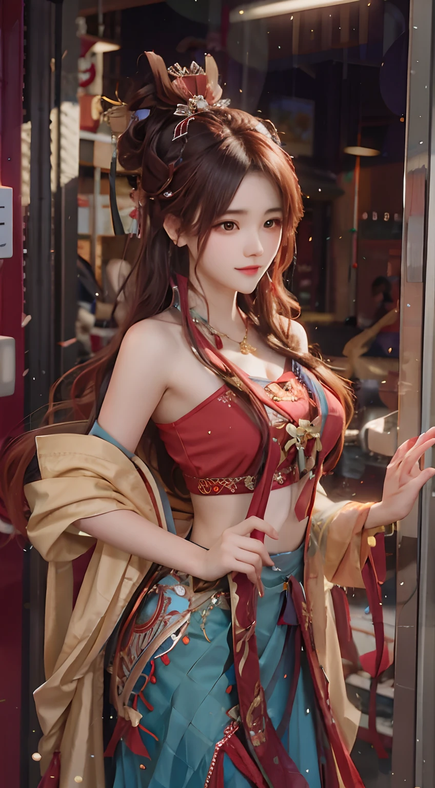 ((masterpiece、highest quality))、shape、Super detailed、8k、realistic、sharp focus、very detailed、professional lighting、colorful details、((unparalleled beauty))、detailed texture、skin moisture、shiny skin、perfect style、erotic body、Esbian、bow、((precise fingers:1.55))、(Red Chinese dress with beautiful embroidery:1.5)、(translucent costume:1.4)、(Set on a huge and luxurious set)、(on the concert stage)、(dance violently:1.2)、spread your legs and show me your panties、in front of a packed audience、look at the audience、18-year-old、shine、intricate details、Shitsumeka、A woman is in front of the camera、belly button、smile、