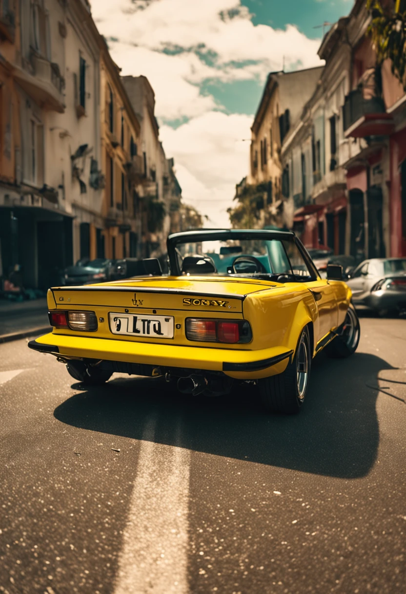 Sony Alpha a7R IV Film photography style, ferrari amarela,new bleatle,shot 50mm f/1.4 --no camera --uplight --ar 16:9