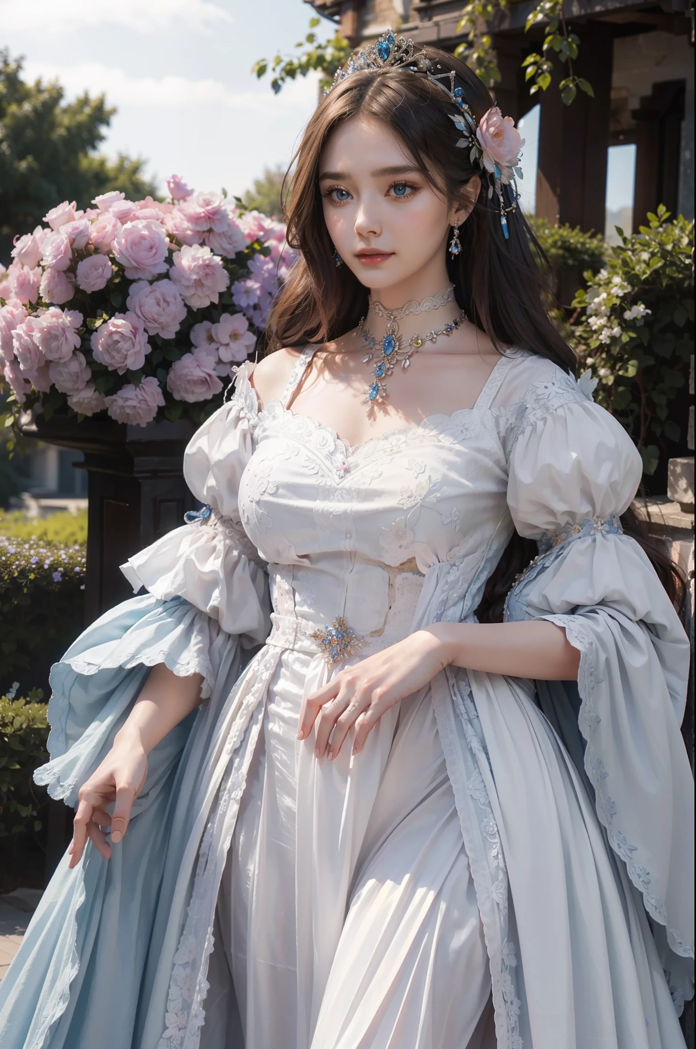 Full body、((top-quality、​masterpiece、photographrealistic:1.4、8K))、1 beautiful detailed girl、、extremely detailed eye and face、beatiful detailed eyes、（Cute dress with puff sleeves in medieval European style、Pink and white dress、Princess）、Luxury accessories、Elegant smile、（Princess walking through a wonderful and beautiful flower garden like a fantasy world）、Cinematic lighting、Textured skin、Super Detail、high detailing、High quality、hight resolution、（looking at the viewers）、Beautiful blue sky、​​clouds、Colorful flowers々、lots of flower