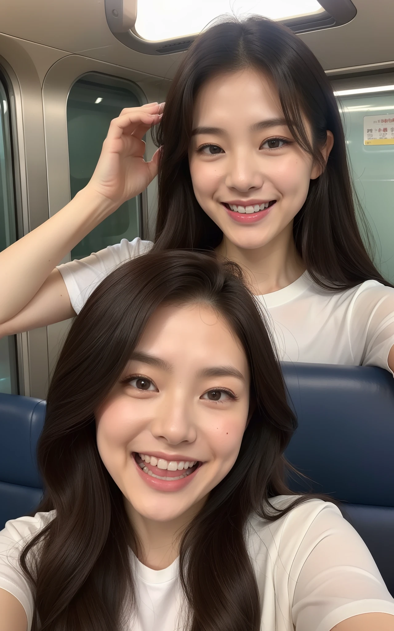 (((top-quality、8K、masterpiece:1.3、超A high resolution)))、(Clear focus:1.4、The focus is on people:1.2)、girl with、1 persons、20yr old、cute little、light skinned、full body、is standing、looking in camera、detailed hairs、dark brown hair、Curled up、(Detailed fabrics、Cool T-Shirts:1.2)、Super fine face、Detailed skin、A detailed eye、Narrow-eyed、Moist eyes、Clear eyes、二重まぶた、Reddish cheeks、Burning cheeks、Wearing makeup、Sweating、Lustrous skin、glowy skin、Shine skin、Shaded skin、Detailed lips、Apply lipstick、ruddy lips、Wrinkled lips、(Laughing:1.3)、(Large breasts:1.2)、BREAK、(细致背景、On the train:1.4)、Evening glow、Natural lighting、dynamic ungle、wakame、wakame、wakame、wakame、wakame、wakame、wakame、wakame、wakame、wakame、wakame、wakame、wakame、wakame、wakame、wakame、wakame、wakame、wakame、wakame、wakame、wakame、wakame、wakame、wakame