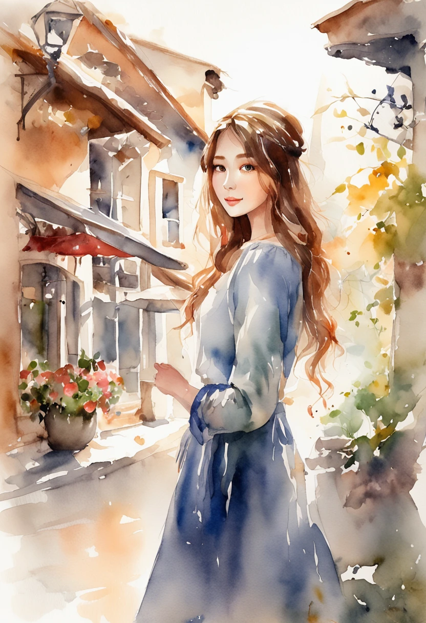 top-quality、​masterpiece、Soft Focus , Bright gradient watercolor , Dreamy , White background、girl、cafes