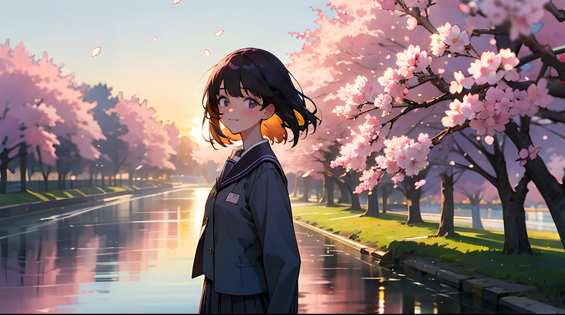 quadratic element,J.K. uniform girl,Shy-eyed eyes,Sunset,Cherry blossoms in full bloom,By the river