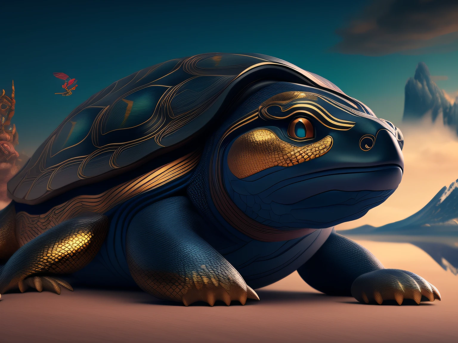 tmasterpiece,CG animation in 8K resolution,absurd res,Inspired by the Classic of Mountains and Seas,Chinese mythology and stories,mythological creatures,The black turtle has the head of a bird and the tail of a snake