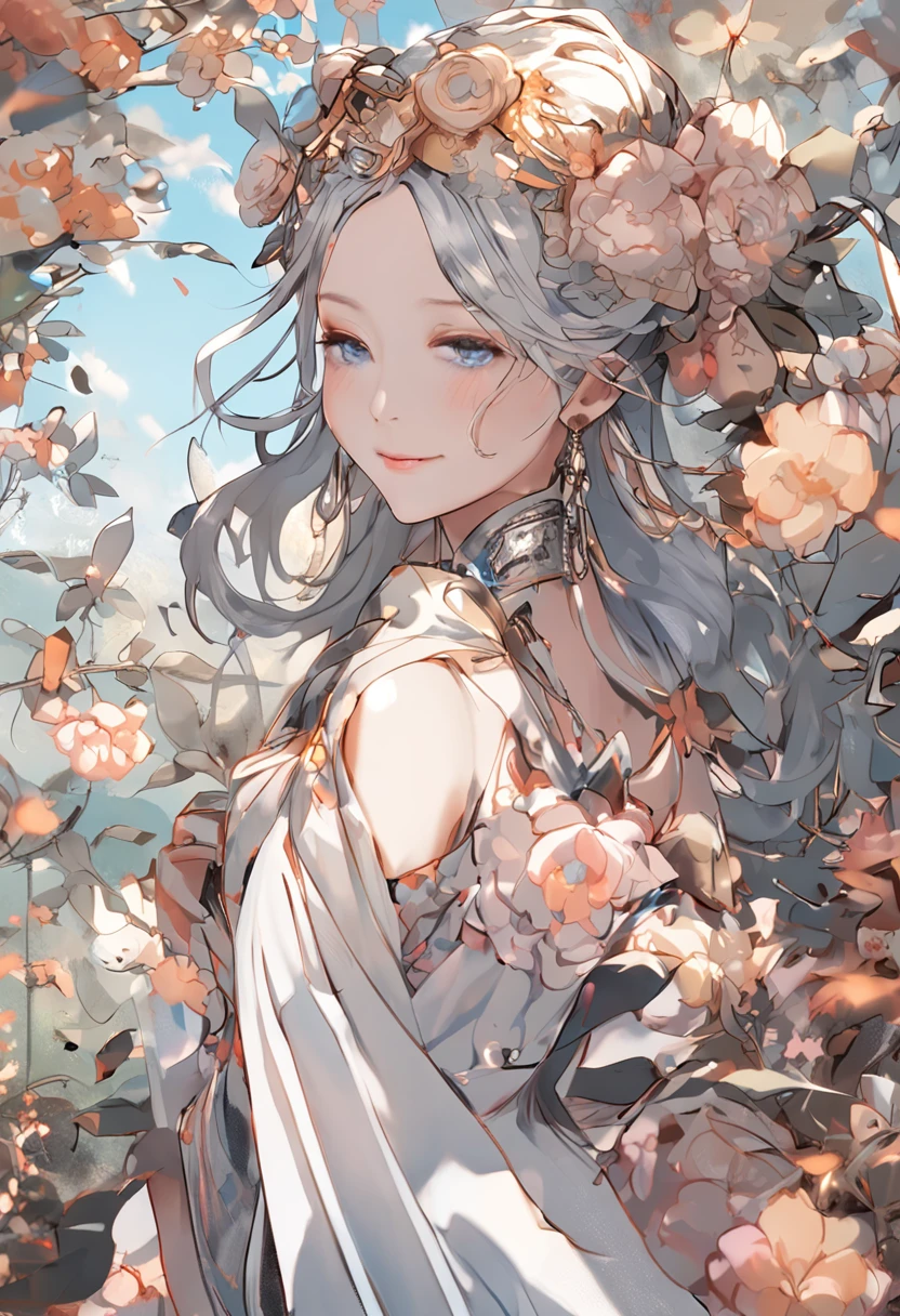 Works of masters，high detal，8K分辨率，in a panoramic view，full bodyesbian，exquisite facial features，s the perfect face，Glowing skin，femele，goddes，Watery eyes，serious，Hair over the shoulder，Behind your ears，ribbons，Ribbon trim，brunette color hair，There is a spectrum behind the head，Summer dress，shawl，bare-legged，are standing，had his hands folded，view from long distance，DOA，kosmos，Magic ring，Water magic，Colorful stars，Blue sky and white clouds on background