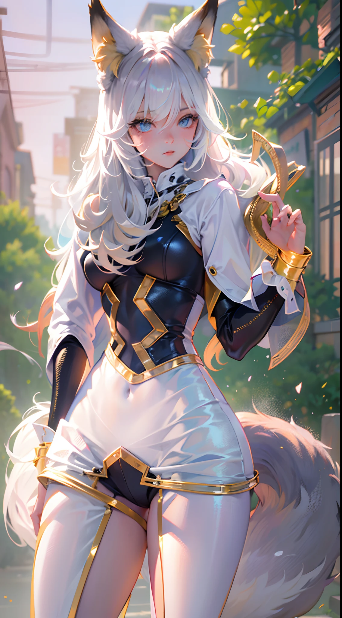 ((Masterpiece)), best quality, absurderes, ultra detailed, holographic, cowboy shot, golden ratio, fox ears, fox tail, shiny clothes, sexy, white hair, long hair,