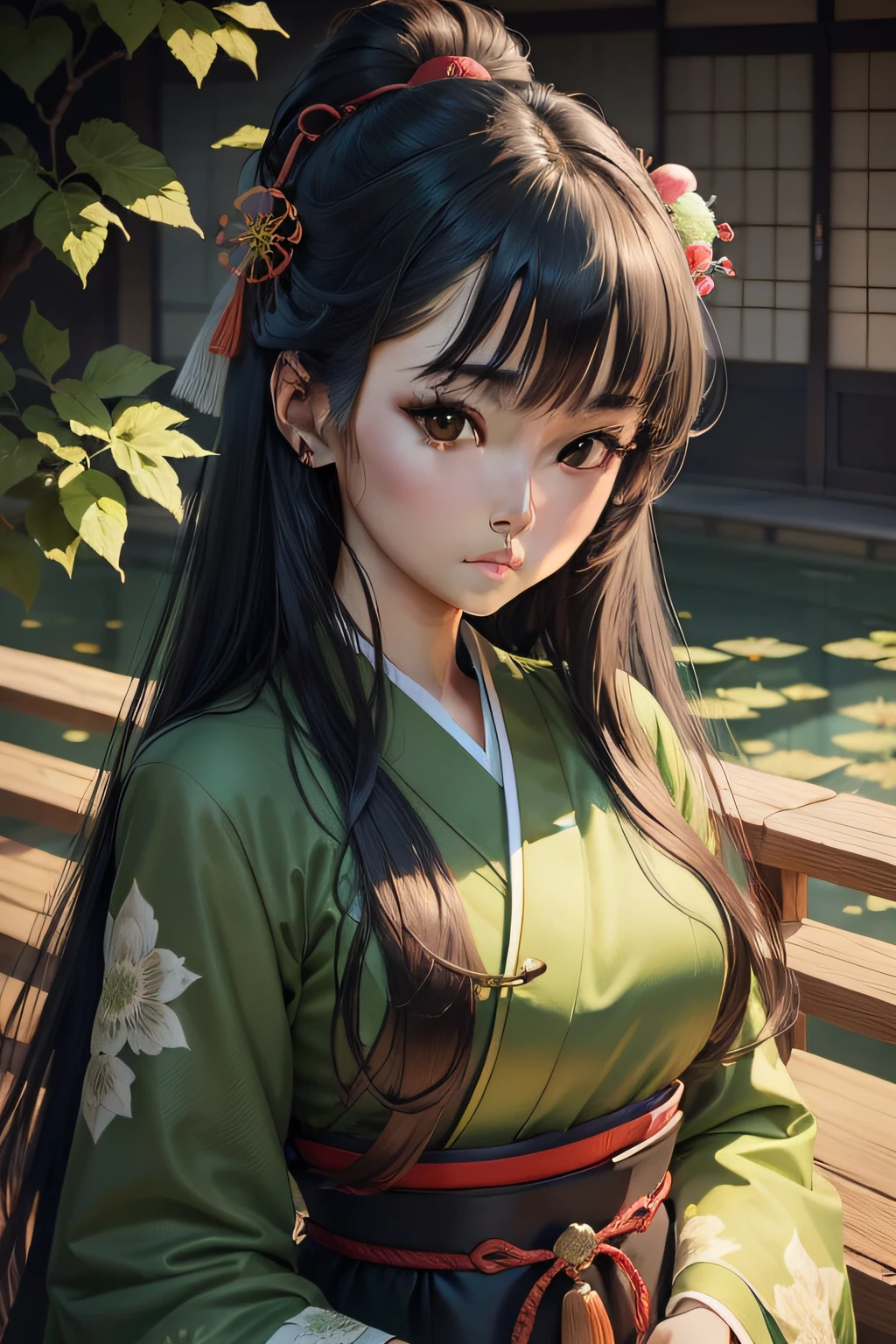 super fine illustration, a extremely beautiful Japanese girl, highly detailed pretty face and black eyes, look at viewer, beautiful long hair, solo, beautiful detailed traditional green Japanese dress with beautiful green tone.