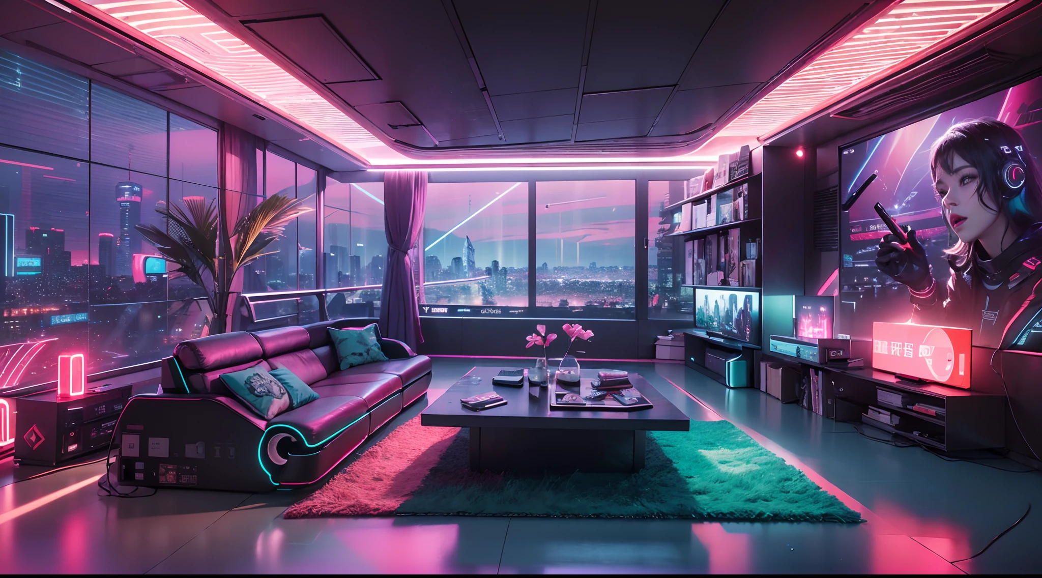 Best image quality, Masterpiece, Ultra-high resolution, (Fidelity:1.4), Photo,  Movie, ((cyber punk perssonage)), cyber outfit, Futuristic, ((Award-winning ultra-realistic photos))，（Hyper-detailing），（Complicated details），（High resolution CGI artwork 8k），Futuristic cyberpunk living room/Bedrooms/kitchens/terrazzo，Detailed cyberpunk cityscape。Futuristic style，There are many colors and LED lights。The cityscape should be very detailed，depth of fields。Create depth with atmospheric lighting，Wide-angle lens showing rooms and windows。Use atmospheric and volumetric lighting to enhance cityscape detail。The room should be illuminated by the neon lights of the cityscape, Pastel textured colored background, Colourful, vibrant