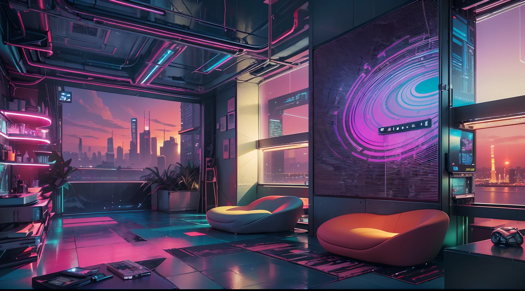 Best image quality, Masterpiece, Ultra-high resolution, (Fidelity:1.4), Photo, Movie, ((cyber punk perssonage)), cyber outfit, Futuristic, ((Award-winning ultra-realistic photos)),(Hyper-detailing),(Complicated details),(High resolution CGI artwork 8k),Futuristic cyberpunk living room/Bedrooms/kitchens/terrazzo,Detailed cyberpunk cityscape。Futuristic style,There are many colors and LED lights。The cityscape should be very detailed,depth of fields。Create depth with atmospheric lighting,Wide-angle lens showing rooms and windows。Use atmospheric and volumetric lighting to enhance cityscape detail。The room should be illuminated by the neon lights of the cityscape, Pastel textured colored background, Colourful, vibrant