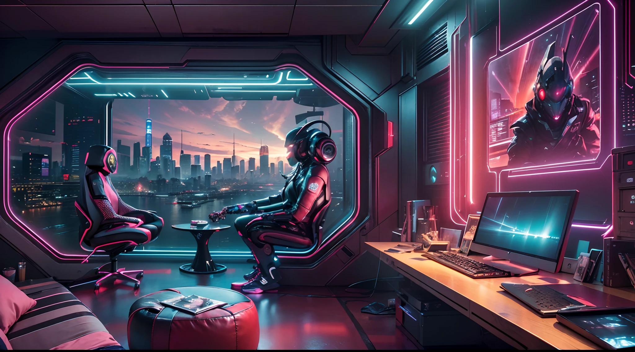 Best image quality, Masterpiece, Ultra-high resolution, (Fidelity:1.4), Photo, Movie, ((cyber punk perssonage)), cyber outfit, Futuristic, ((Award-winning ultra-realistic photos)),(Hyper-detailing),(Complicated details),(High resolution CGI artwork 8k),Futuristic cyberpunk living room/Bedrooms/kitchens/terrazzo,Detailed cyberpunk cityscape。Futuristic style,There are many colors and LED lights。The cityscape should be very detailed,depth of fields。Create depth with atmospheric lighting,Wide-angle lens showing rooms and windows。Use atmospheric and volumetric lighting to enhance cityscape detail。The room should be illuminated by the neon lights of the cityscape, Pastel textured colored background, Colourful, vibrant