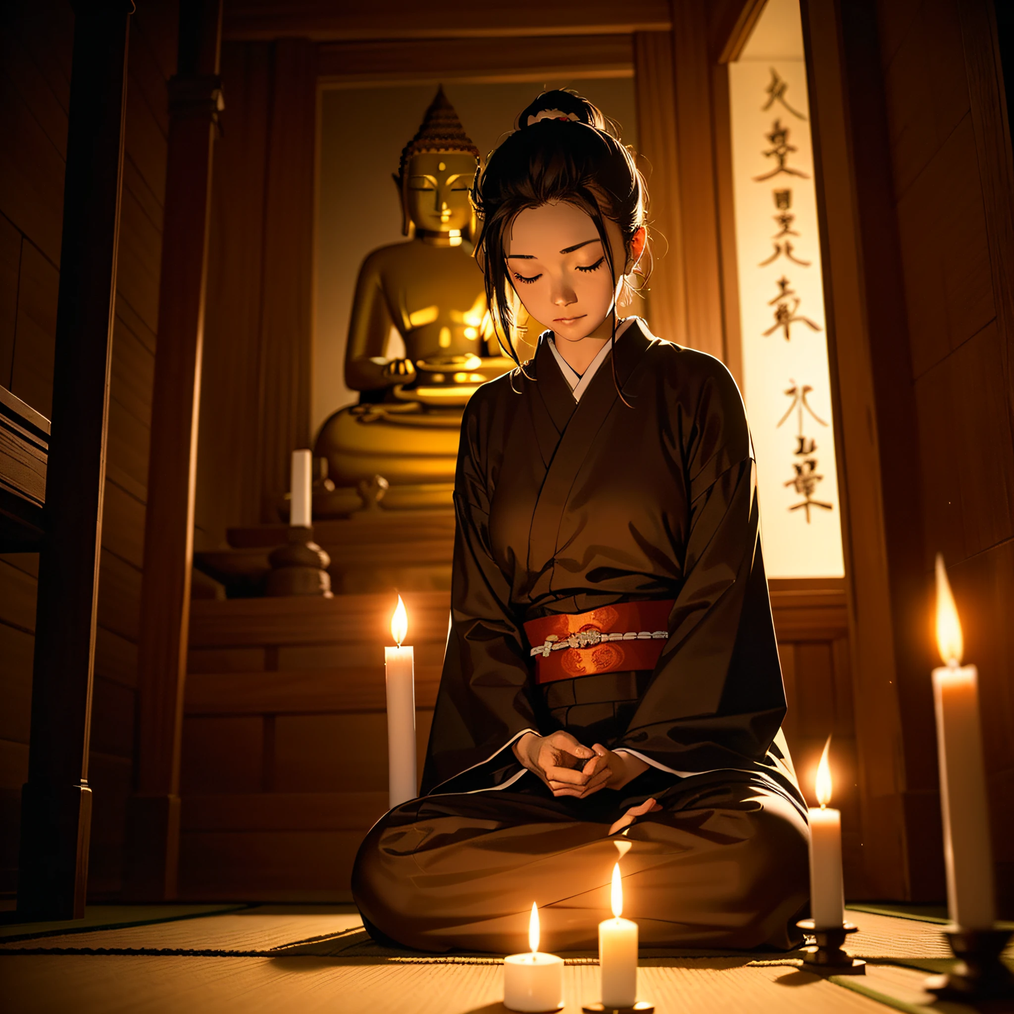 ((In the pitch darkness of the night Japan in front of a huge Buddha statue in the hall of an ancient temple１There are twin candles、Elderly samurai meditating while sitting in front of the candle、Showing him sitting from beside a statue of Buddha、The surroundings are pitch black)):1.9、Highly detailed background，Realistic，ultra-detailliert，super detailed skin，light glow，Film grain，Expro II，Lens Flare，Sharpen，cinematic shadow