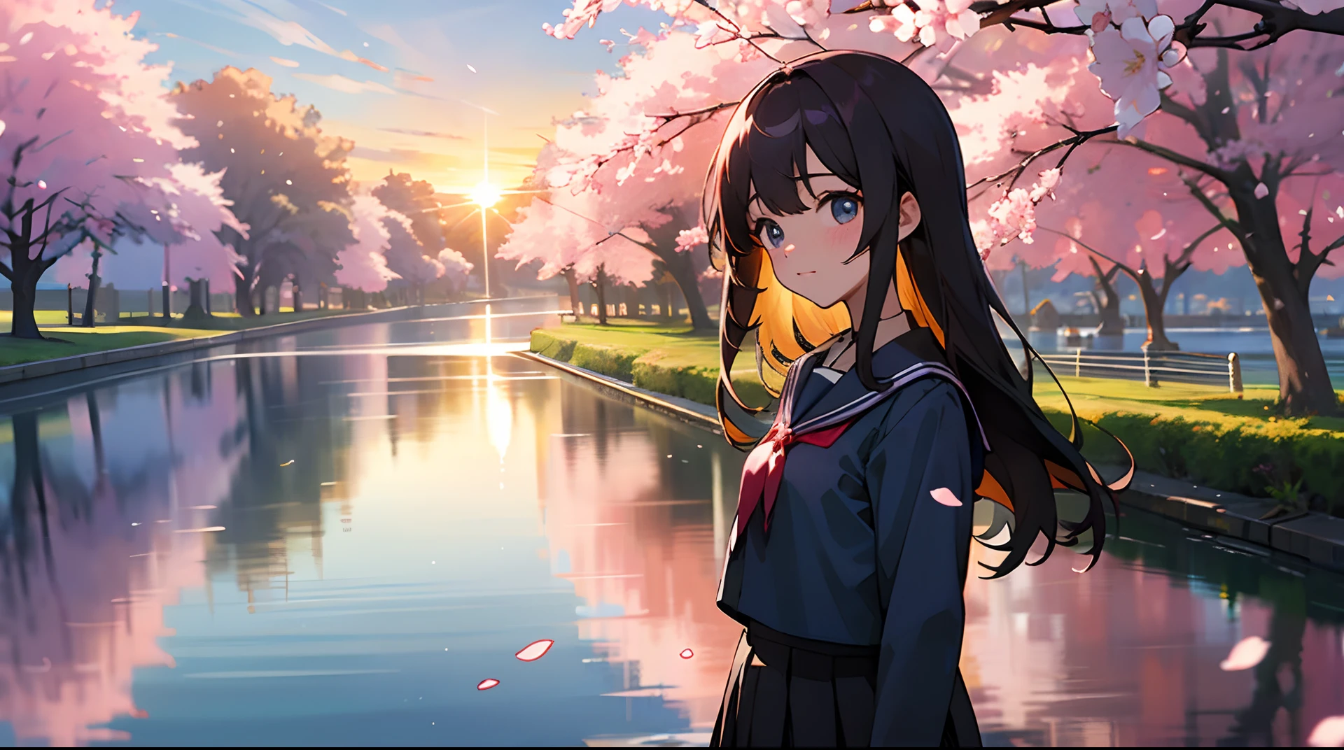 quadratic element,J.K. uniform girl,Shy-eyed eyes,Sunset,Cherry blossoms in full bloom,By the river