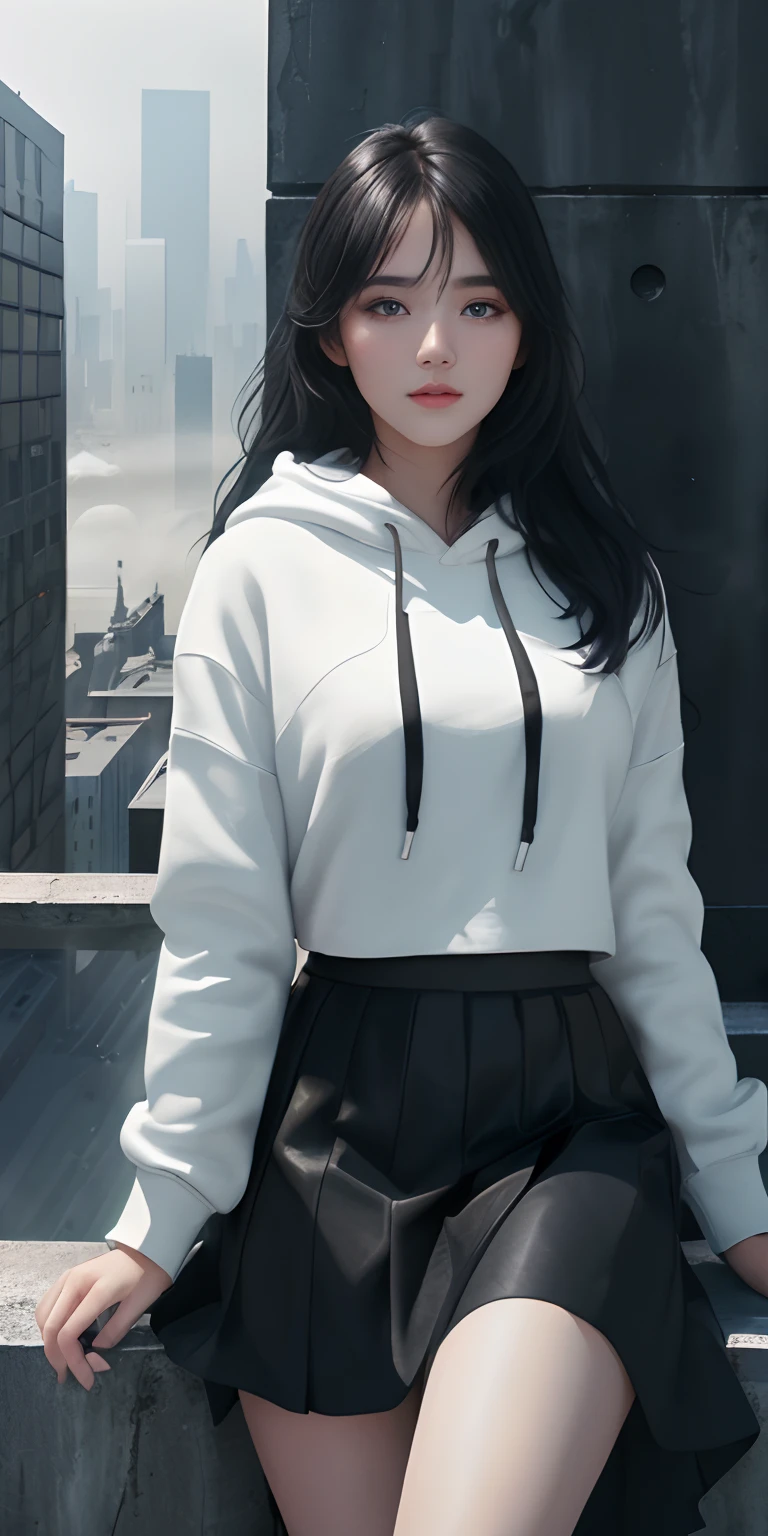 (1girl:1.3), Solo, (((Very detailed face)))), ((Very detailed eyes and face)))), Beautiful detail eyes, Body parts__, Official art, Unified 8k wallpaper, Super detailed, beautiful and beautiful, beautiful, masterpiece, best quality, original, masterpiece, super fine photo, best quality, super high resolution, realistic realism, sunlight, full body portrait, amazing beauty, dynamic pose, delicate face, vibrant eyes, (from the front), She wears white hoodie, with black long hair, with black skirt, black skirt, look adult, 21 years old, look 21 years old, sexy, with big boobs, very detailed city roof background, rooftop, overlooking the city, detailed face, detailed complex busy background, messy, gorgeous, milky white, highly detailed skin, realistic skin details, visible pores, clear focus, volumetric fog, 8k uhd, DSLR, high quality, film grain, fair skin, photo realism, lomography, futuristic dystopian megalopolis, translucent, night sky.