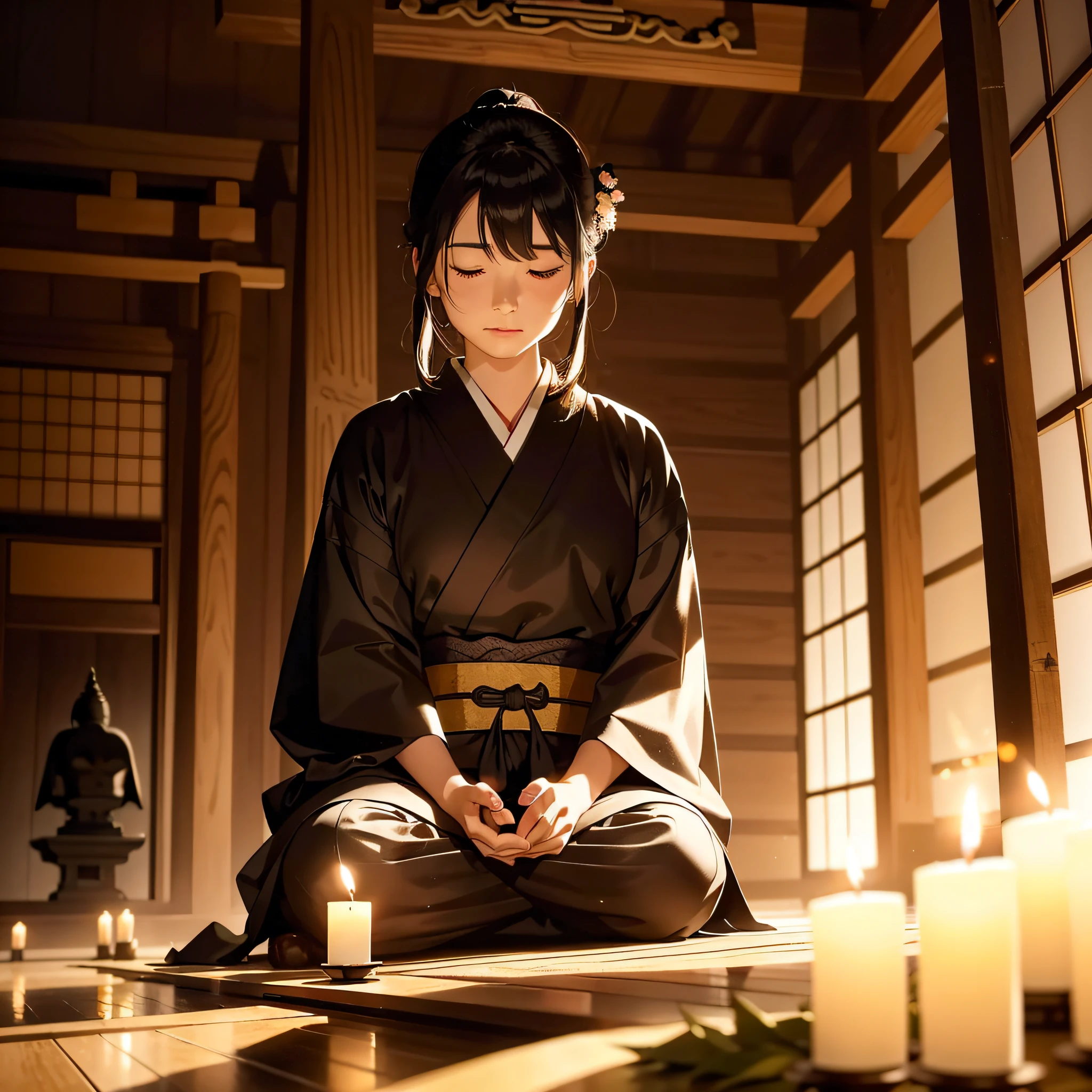 ((IN THE PITCH DARKNESS OF THE MIDDLE OF THE NIGHT Japan IN FRONT OF THE HUGE MIROKUBOSATO IN THE HALL OF AN ANCIENT TEMPLE1There are twin candles、Elderly samurai meditating while sitting in front of the candle)):1.9、Highly detailed background,Realistic,ultra-detailliert,super detailed skin,light glow,Film grain,Expro II,Lens Flare,Sharpen,cinematic shadow
