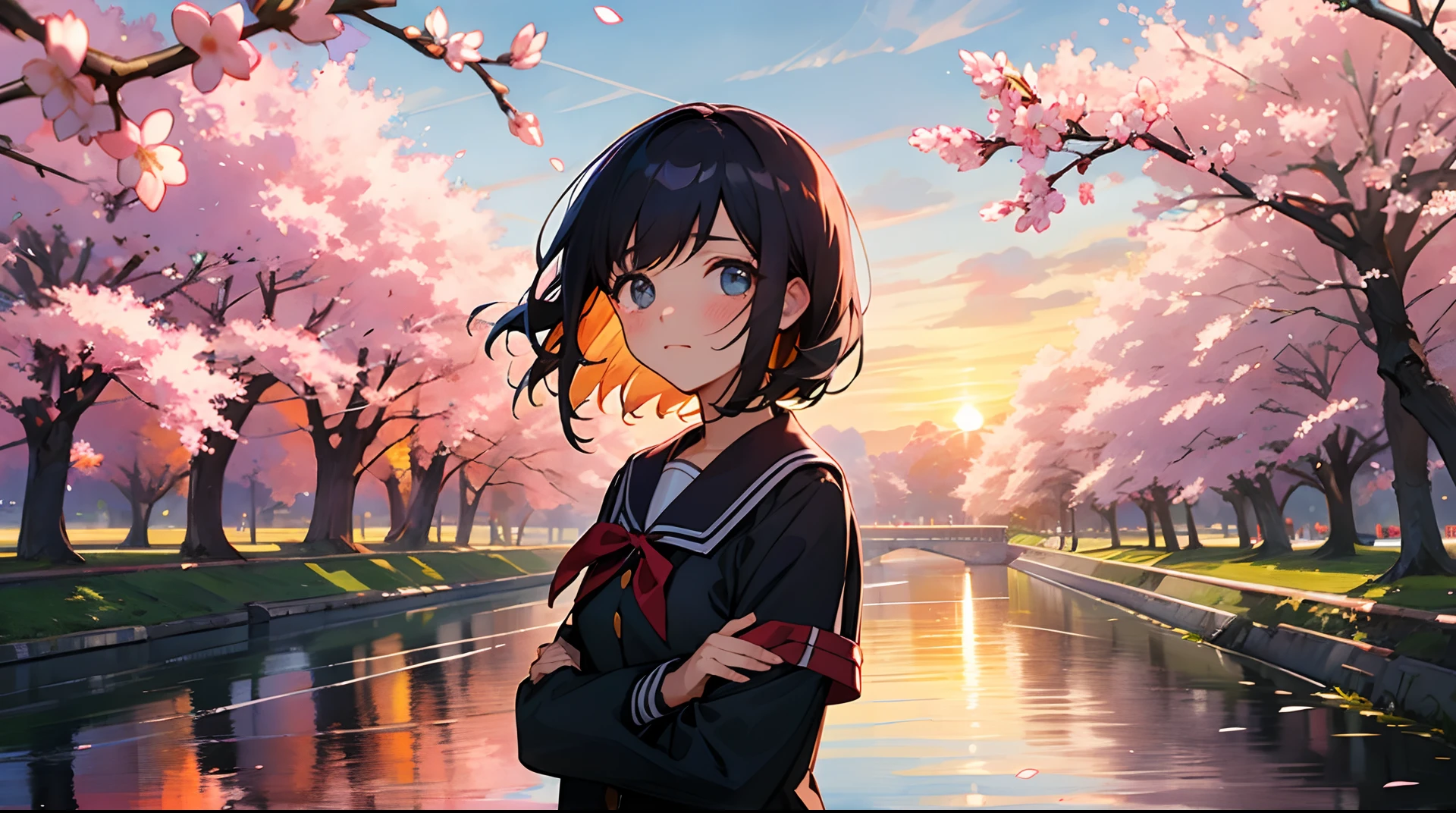 quadratic element,J.K. uniform girl,Shy-eyed eyes,Sunset,Cherry blossoms in full bloom,By the river