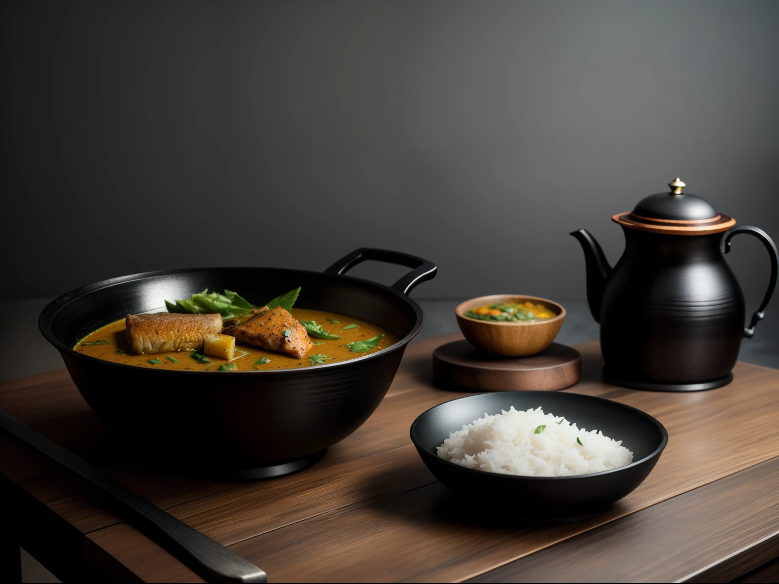 a Vintage Oil Lamp top of the wood table and that side there two separated bowl have some Bengali food dish like steamed rice, hilsha fish curry gurnished with green coriender leaf, hard light, Ultra realistic detail, food photography, aesthetic product photography, background dark some props like kitchen item and vintage antique item fill the background,blacked moody tone, RAW, world class best photography,backgroundblur,intense gaze,captured by Sony Alpha a7 Illcamera with Sony FE 24-105mm f/4 G OSS lens*