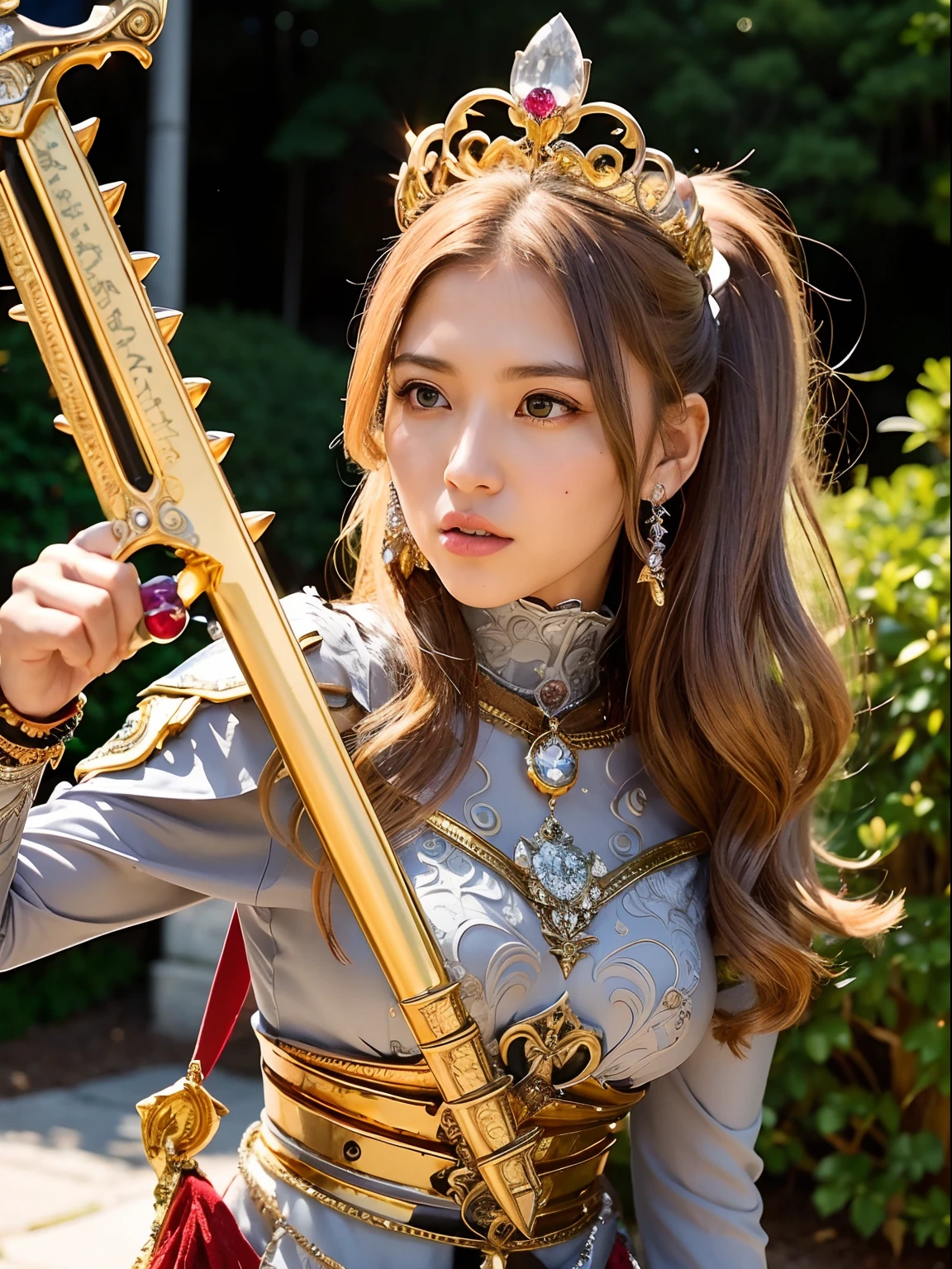 Professional , ​masterpiece、top-quality、photos realistic , depth of fields （Gemstone Silver Metal Body:1.９),(Matte Silver、Jewel Gold Weapon、（Gorgeous castle background）、Holding the Sword of Heroes、（Jewel White Metal Body:1.４),（（Gorgeous Jewel Metal Weapons）） , Fighting、（（Holding the Sword of Heroes）） ,（close-up，dream magical，tornado ）   ,(Micro Bikini Armor),warhammer 40k , adepta sororitas,Detail and ornate jewel crown、Brown hair、Mystical expression、（Gangle's forest background）、１a person、dynamic ungle,(((Diamond tiara with detail and luxury)))、a small face、A smile、Powerful poses、（Gorgeous castle background）、huge filesize、20 year old beautiful woman、Thin female fingers、Straight long hair、Beautiful Japan person々The beauty of、Mystical expression、Lightly open your mouth、,Luminescent particles,light scattering,Tindall Effect、Fighting、Twin tail hair、