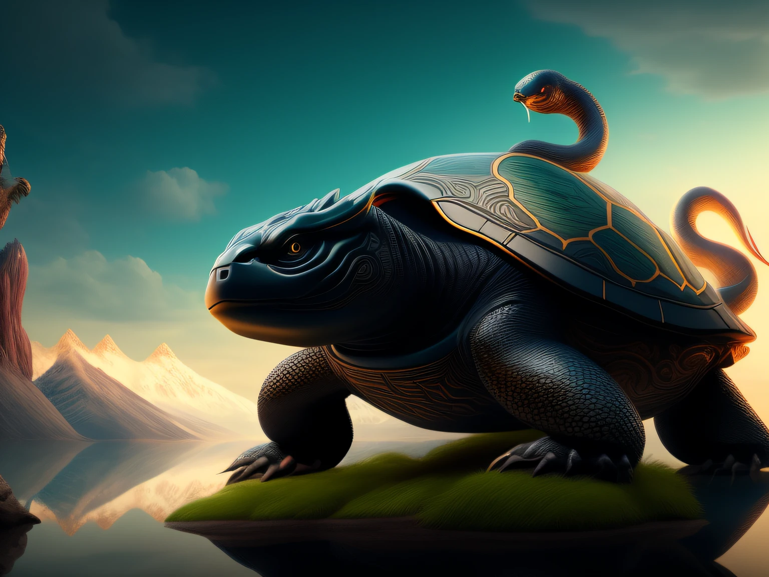 tmasterpiece,CG animation in 8K resolution,absurd res,Inspired by the Classic of Mountains and Seas,Chinese mythology and stories,mythological creatures,The black turtle has the head of a bird and the tail of a snake