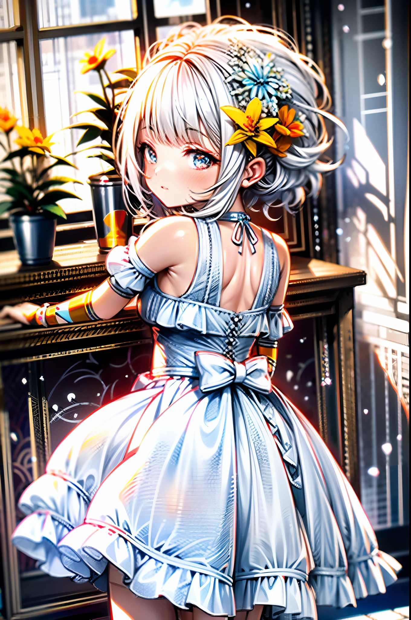 HighestQuali,tmasterpiece,1Blittle girl,Petite and cute,daffodil,White color hair,white dresses