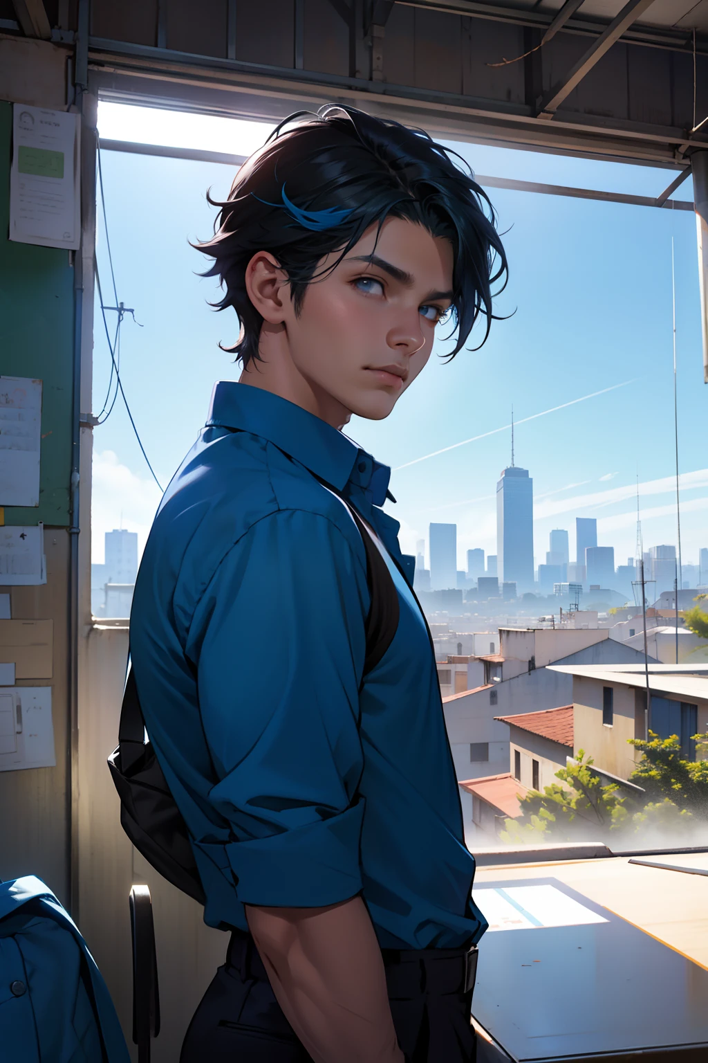 desde atras vemos a un chico de pie en el tejado de la escuela , esta sin camisa, cabello azul largo mirando una cercana ciudad, el chico tiene cabello largo azul no tiene camisa