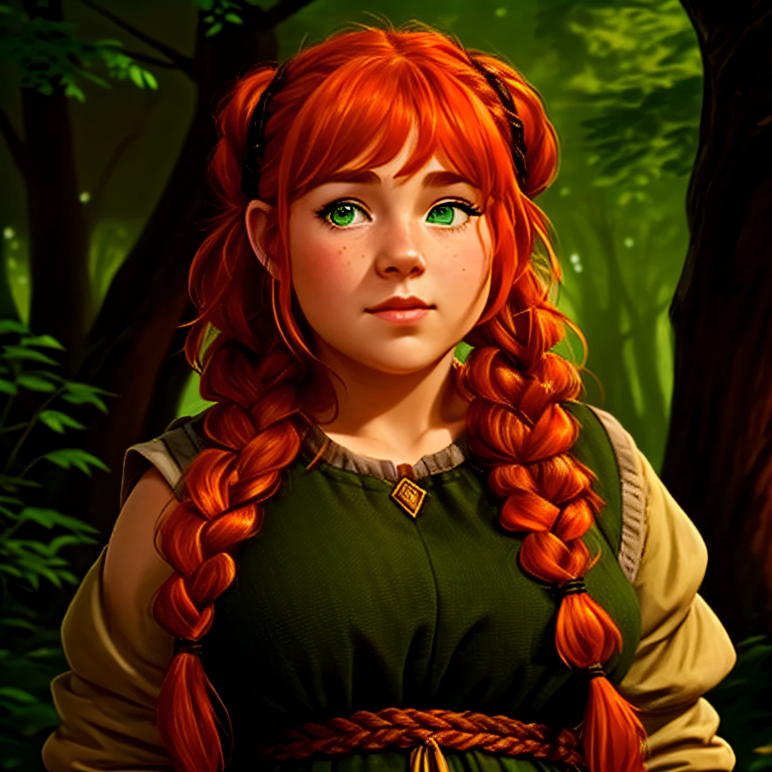 a female chubby druid dwarf with orange hair tied in two braids, gentle green eyes, rosy cheeks, long sleeves