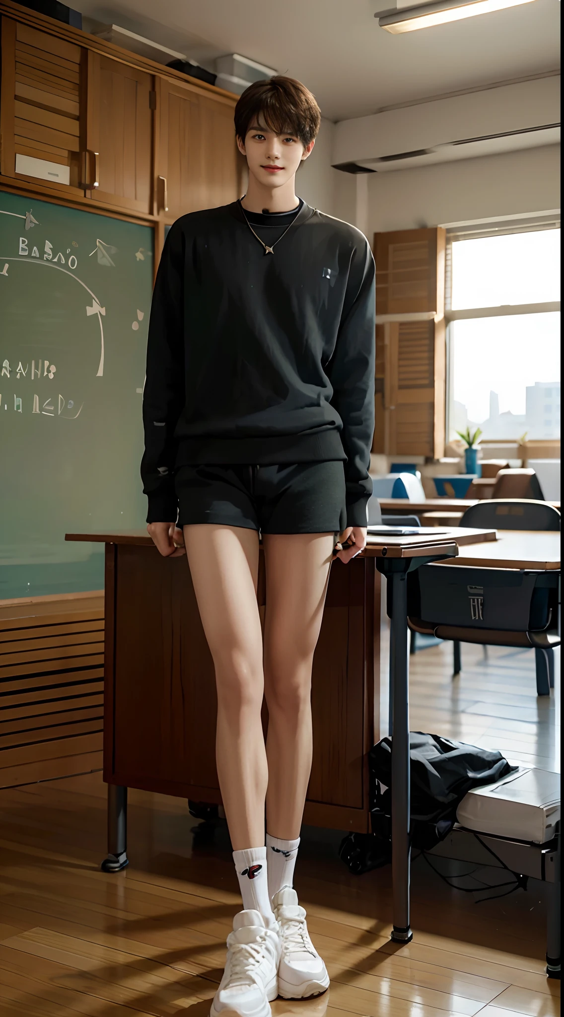 （A 15-year-old junior high school boy sits in a classroom：2），（malefocus），（full bodyesbian）Height 200 cm，Long, Straight legs，Tall guy，Tall，broad shoulder，Shota，Round face and pointed chin，（The face of the animated male protagonist），Extremely handsome，Happy smile，tilts your head，Men's sweatshirt，Boxer panties，Messy bangs，Eyes widen，orthofacial，athletic sneakers。and the sun was shining brightly，‎Classroom，ultra-realistic realism, (Photorealistic detail), Incredible accuracy, lifelike textures, masterful technique, Jaw-dropping precision, artistic dedication，（anatomy correct），Good lighting，exquisite detailing，Best quality，stunning masterpiece，CG，（Colored screen）