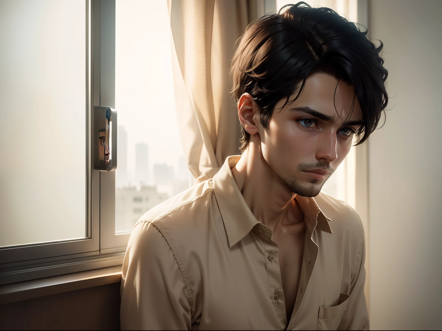 Ultra realistic 8k image of a slim 25 year old man, short black hair, dressed in a beige button-up shirt and beige pants, looking out the window of a simple suite, distressed expression, morning light