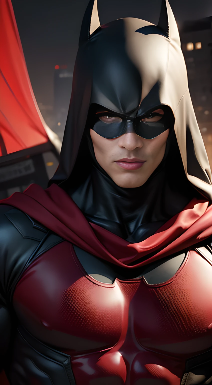 ((Men only)), (head shot), (showing his abs), (handsome muscular man in his 20s), (batman), (Batman's appearance is characterized by a red cowl, cape, and suit, adorned with a red distinctive bat emblem, exuding an aura of dark vigilance and mystery), (Pietro Boselli), (Mischievous smile), (detaile: 1 in 1), Natural muscles, HIG quality, beautidful eyes, (Detailed face and eyes), (Face、: 1 / 2), Noise, Real Photographics、... .................................................................................................................PSD, Sharp Focus, High resolution 8K, realisitic & Professional Photography, 8K UHD, Soft lighting, High quality, Film grain, FujifilmXT3