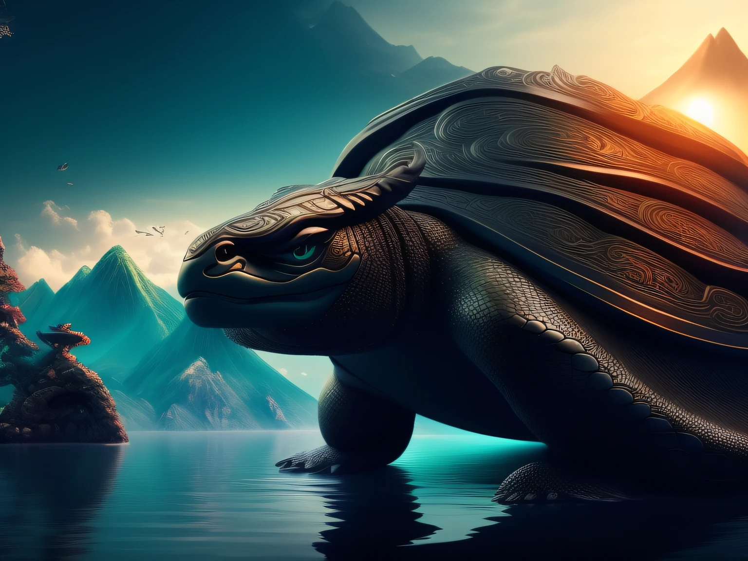 tmasterpiece，CG animation in 8K resolution，absurd res，Inspired by the Classic of Mountains and Seas，Chinese mythology and stories，mythological creatures，The black turtle has the head of a bird and the tail of a snake