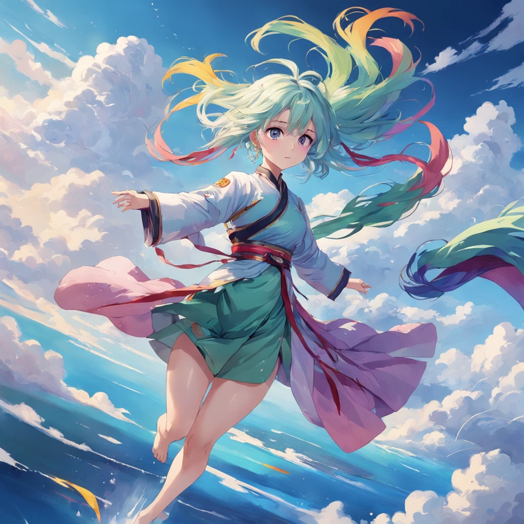 "tmasterpiece, Perfect Quality, Stunning detail, filmstill, 1 girl, soaring in the clouds, Dynamic perspective, Dynamic posture, Cyan eyes, (multicolour hair+Silver hair:1.3+Vermilion hair:1.2+purple hair+yellow hair strokes:1.3+green hair:1.3), White Wuxia Clothes, ribbon around the neck, beatiful face, a lot of water droplets, clouds, Sundown, Wide plan, watercolor style"