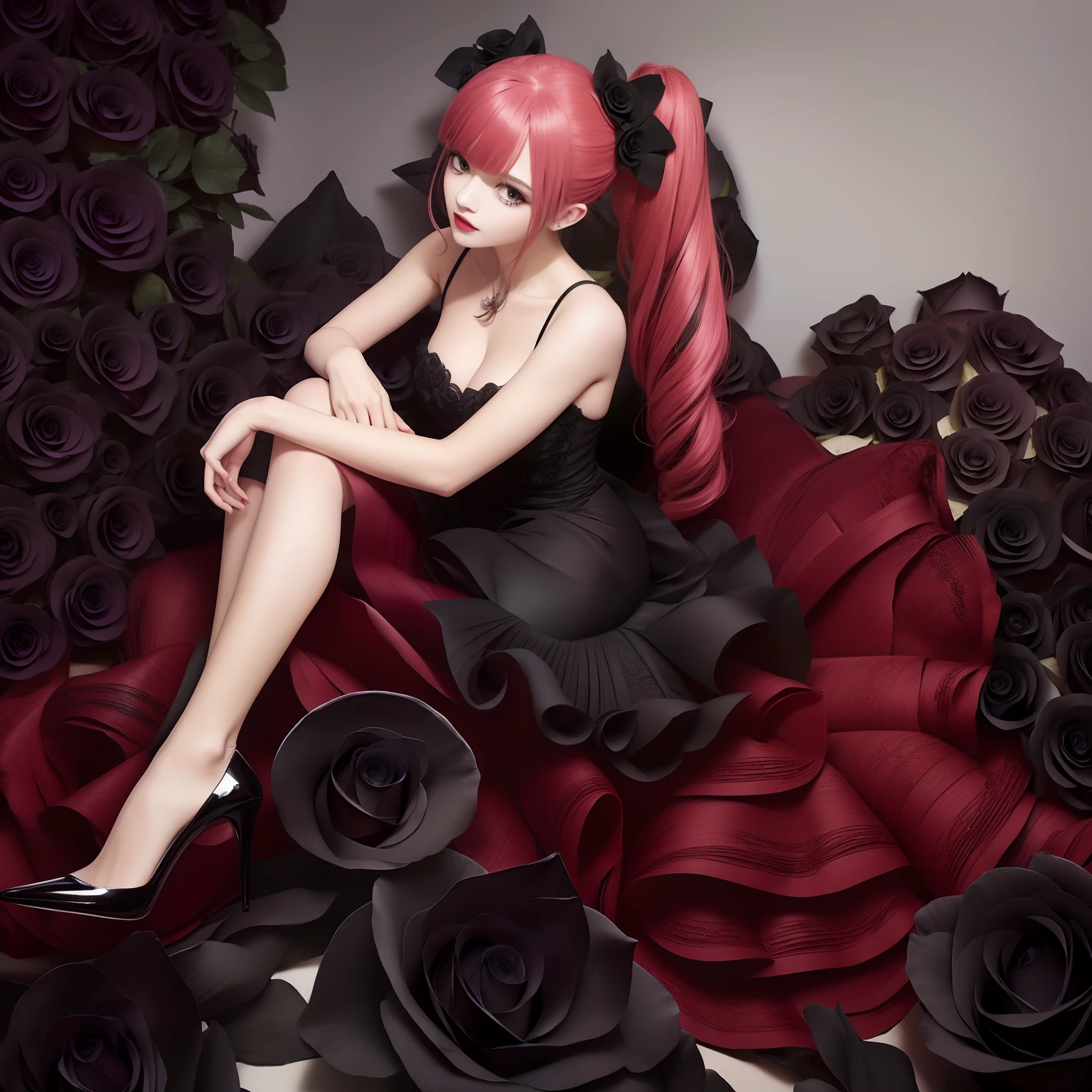 One-piece Perona surrounded by jet-black roses, Peach hair, curly twintails, Dark Rose Floral Dress, Real Face, Perfect face, Full body shot + shoes + Sitting on a throne, Medically perfect body, Dark Rose, Darkness Black Rose, Pure Black Rose、Dark Rose