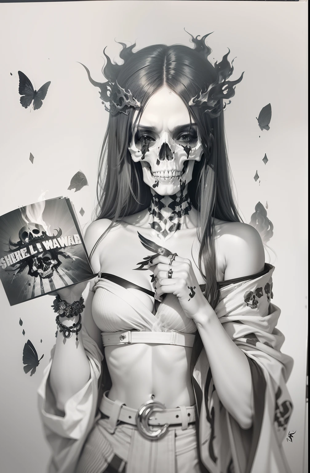 skull woman, fire, black and white
