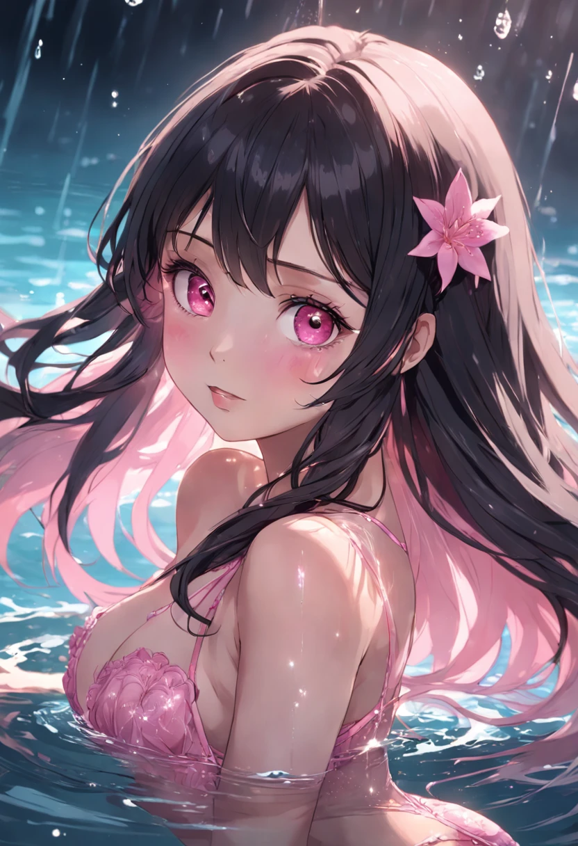A girl in pink lingerie in the water,Masterpiece, Highest quality, (((Masterpiece))), (((Maximum level))), ((extra fine)), (illustration), ((Extremely delicate and beautiful)), Dynamic Angle, Floating, , (Beautiful detailed eyes), (Detailed light), (1 girl), Bigboobs, long whitr hair, dark brown sparkling eyes, black color hair, Natural, (Sunlight),, Slight smile, Pastel colors, full anatomy