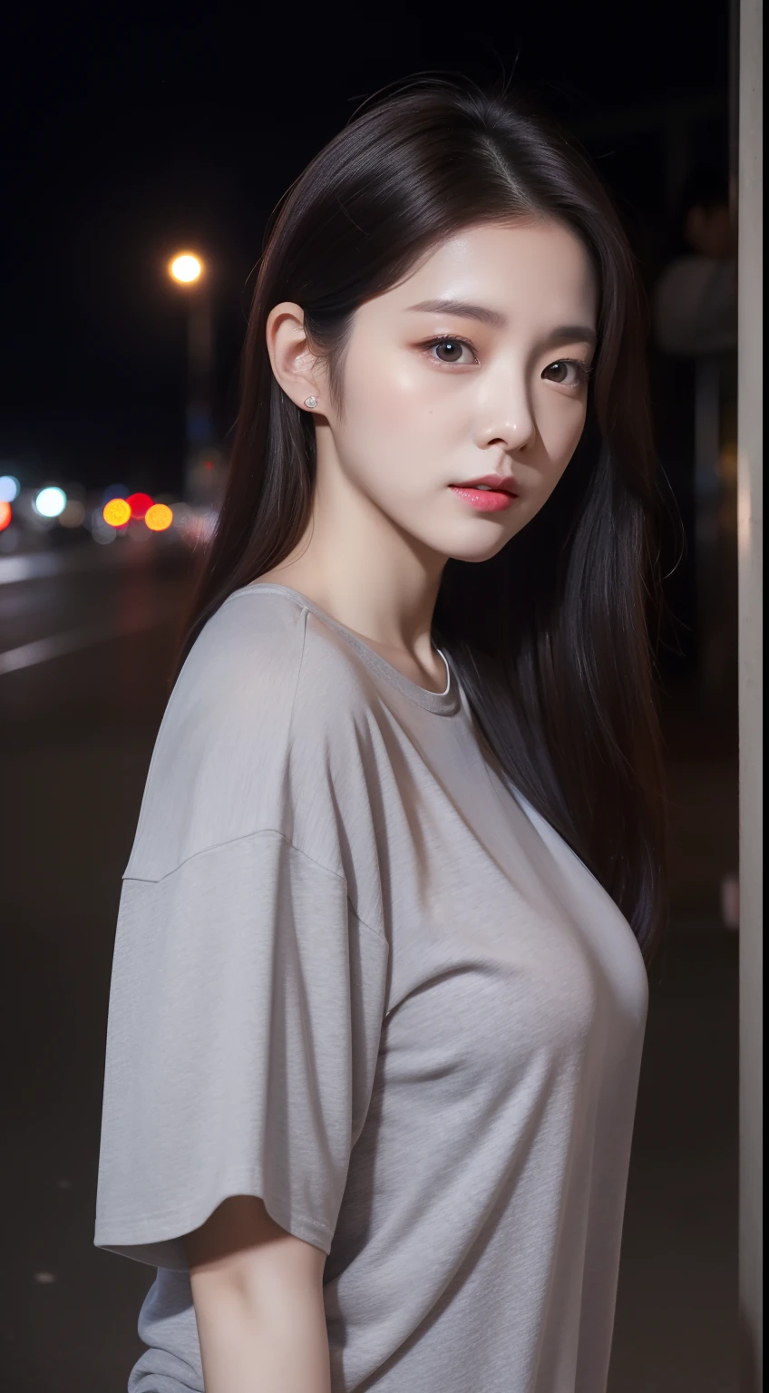 realistic photos of 1 cute Korean star, hair behind ear, white skin, thin makeup, 32 inch breasts size, wearing gray t-shirt at the street, night, upper body, depth of field, UHD