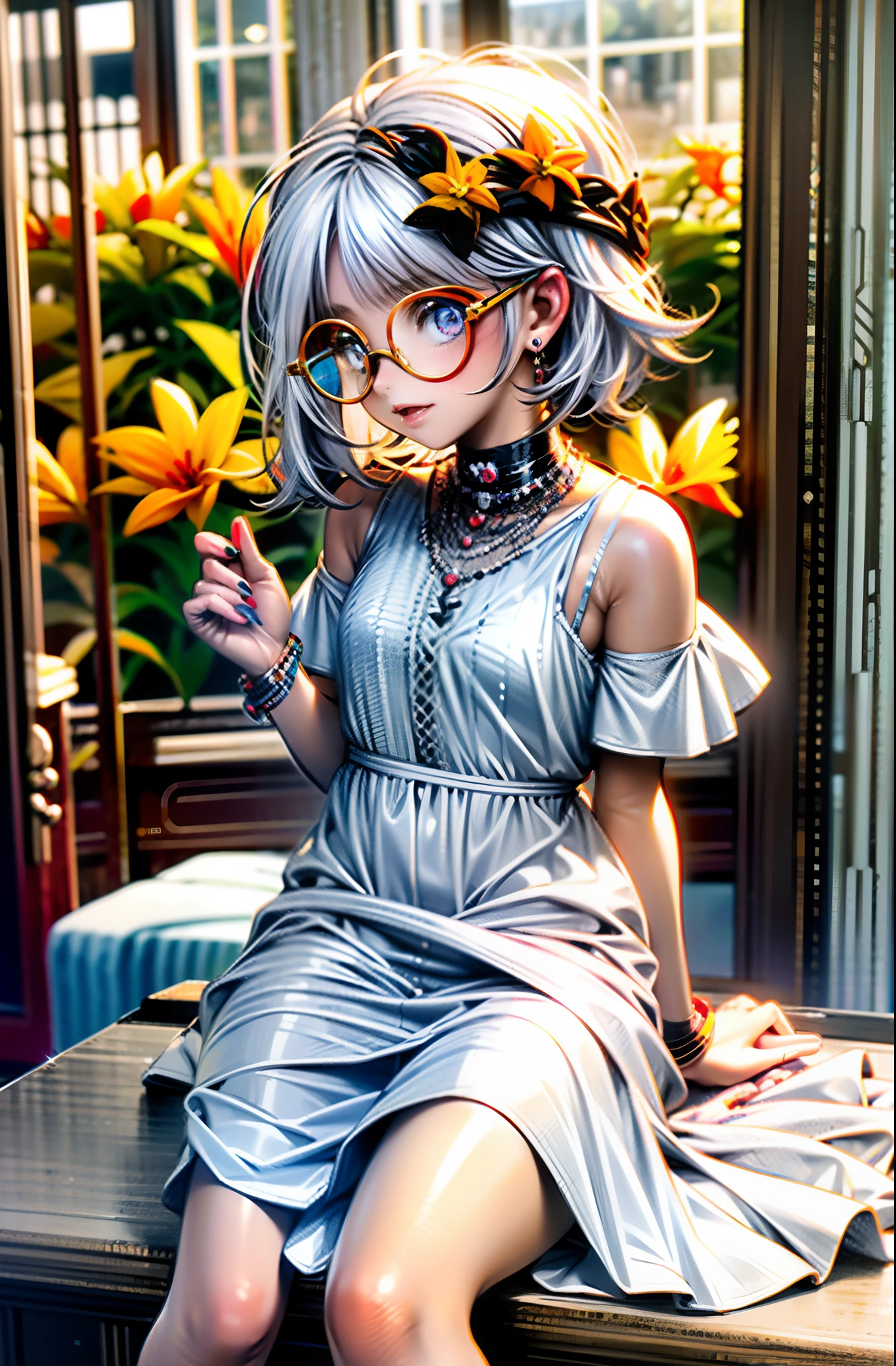 HighestQuali，tmasterpiece，1Blittle girl，Petite and cute，daffodil，White color hair，black-frame glasses