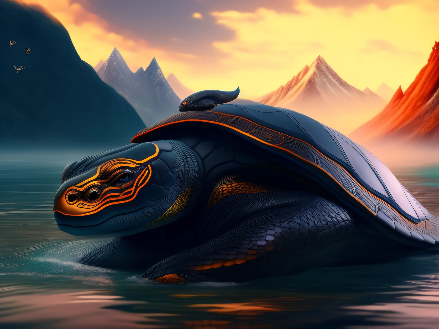 tmasterpiece，CG animation in 8K resolution，absurd res，Inspired by the Classic of Mountains and Seas，Chinese mythology and stories，mythological creatures，The black turtle has the head of a bird and the tail of a snake