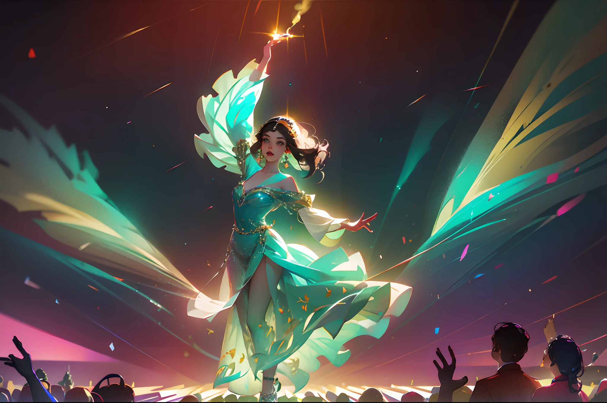 gorgeous woman dancing on the stage, wearing elegant dress, vibrant colours, full body shot, crowded audience watching from the ground, under neon lights and sparkling lights, colourful smokes and lights in the air, cinematic lighting, dramatic lighting, dynamic pose, intricate details, hyper realistic, exquisite masterpiece, captured using DSLR camera, high angle shot, drone shot, UHD, 32k --auto --s2
