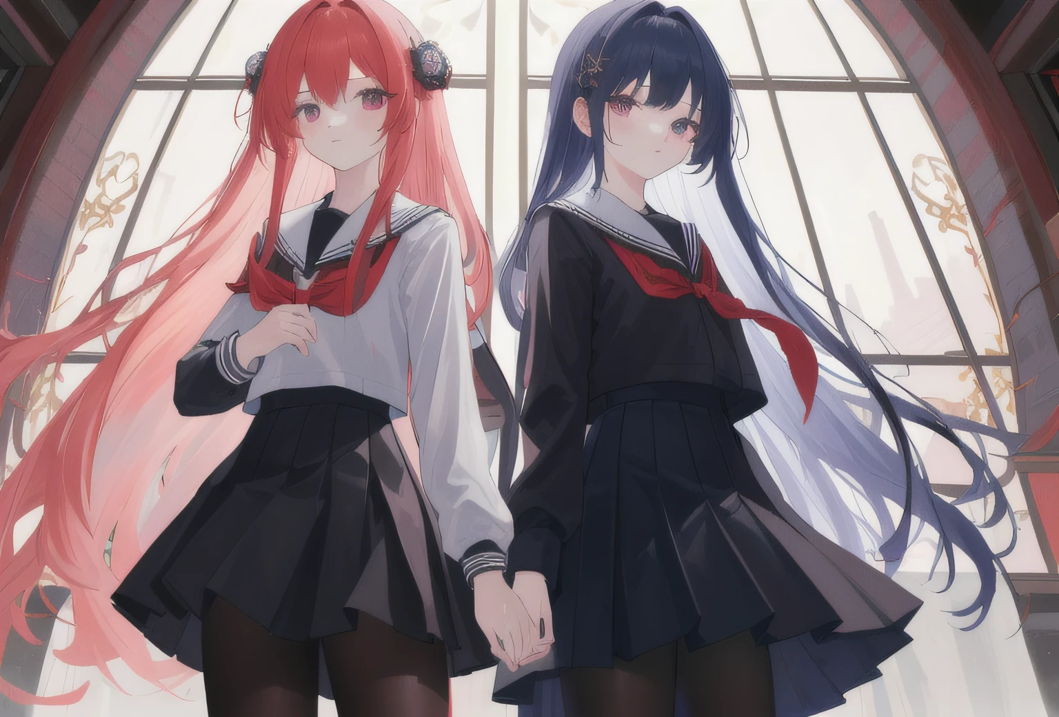 (masterpiece:1.1), (best quality:1.2), highres, original, extremely detailed wallpaper, , arms behind back, asymmetrical docking, very long hair, 2girls, pantyhose, school uniform, naked bandage