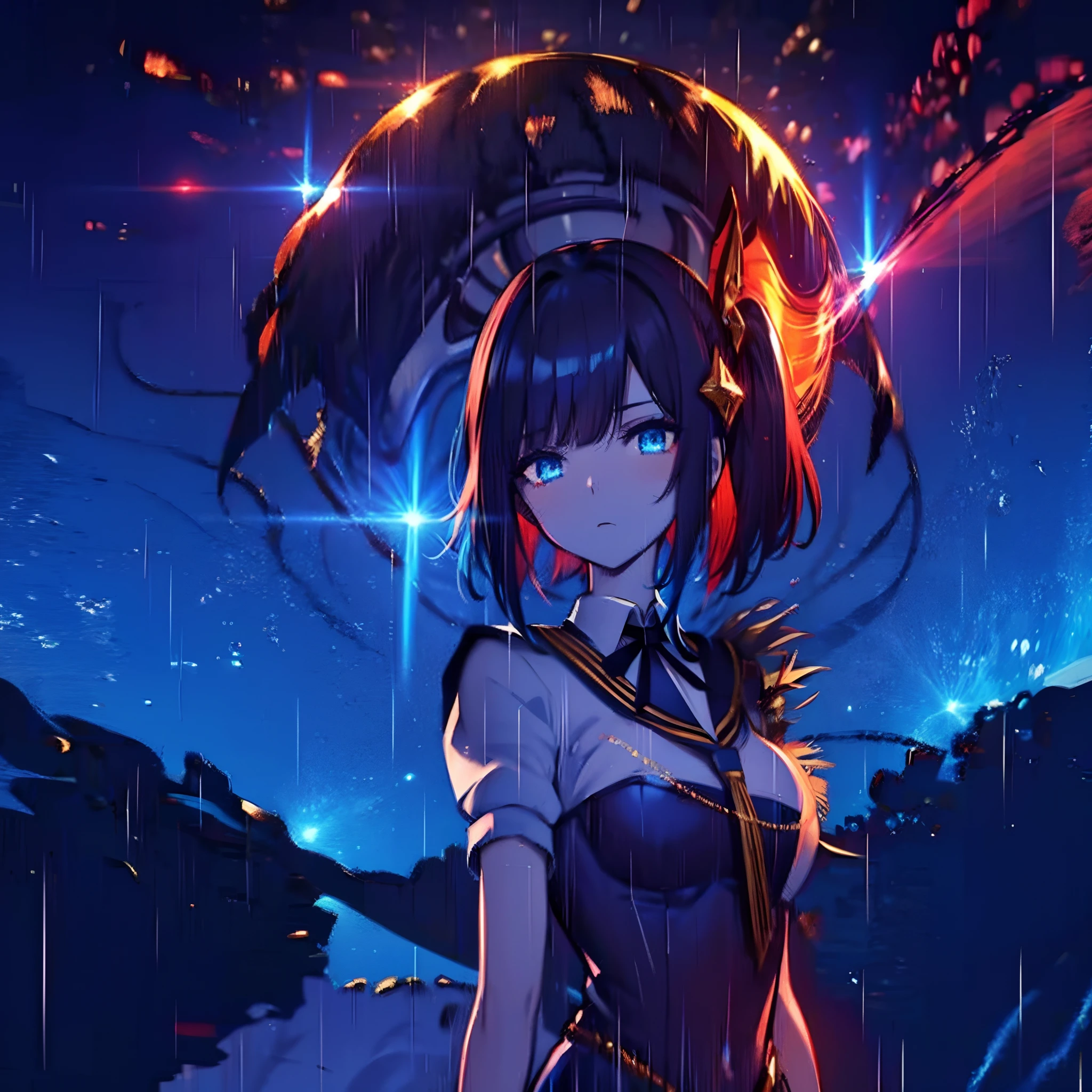 1 girl, solo, young girl, teenager, narrow head, short azure hair, blue eyes glowing red, angered expression, gold hair ornament, white and blue school uniform, long skirt, zoomed out, very dim lighting, rainy night, dark picture, cliff, under a tree