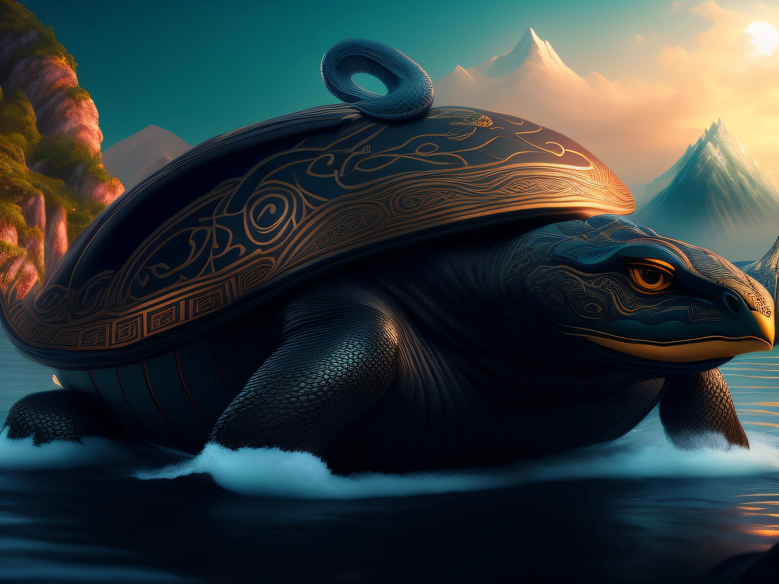 tmasterpiece,CG animation in 8K resolution,absurd res,Inspired by the Classic of Mountains and Seas,Chinese mythology and stories,mythological creatures,The black turtle has the head of a bird and the tail of a snake
