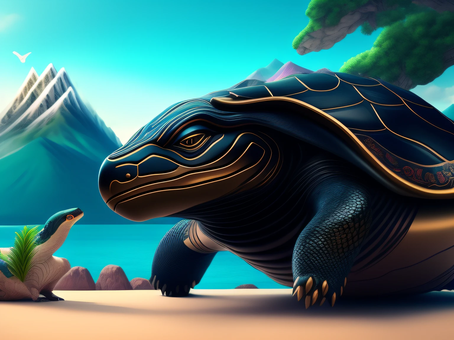 tmasterpiece,CG animation in 8K resolution,absurd res,Inspired by the Classic of Mountains and Seas,Chinese mythology and stories,mythological creatures,The black turtle has the head of a bird and the tail of a snake